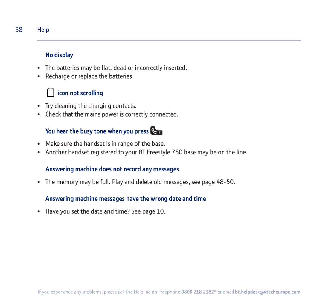 BT 750 manual No display, Icon not scrolling, You hear the busy tone when you press 