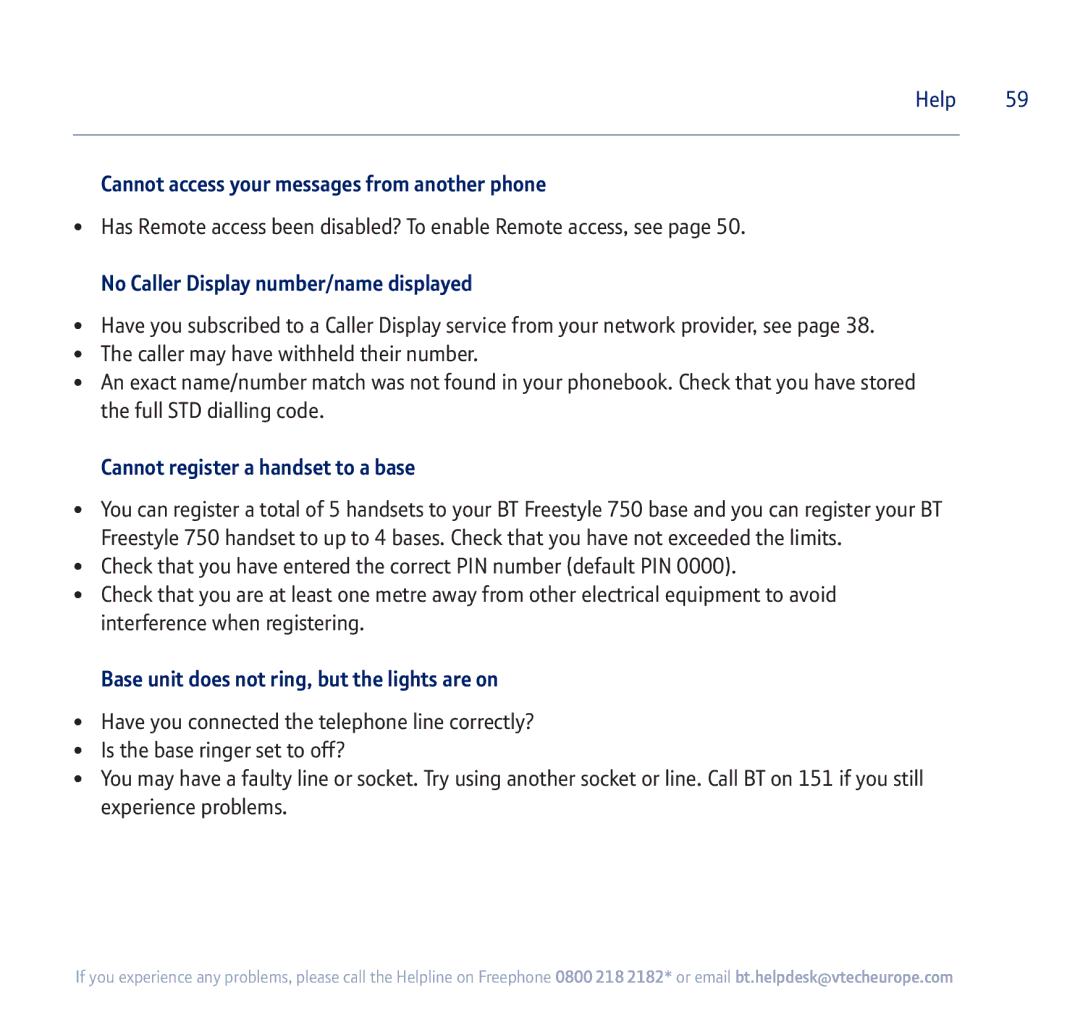 BT 750 manual Cannot access your messages from another phone, No Caller Display number/name displayed 