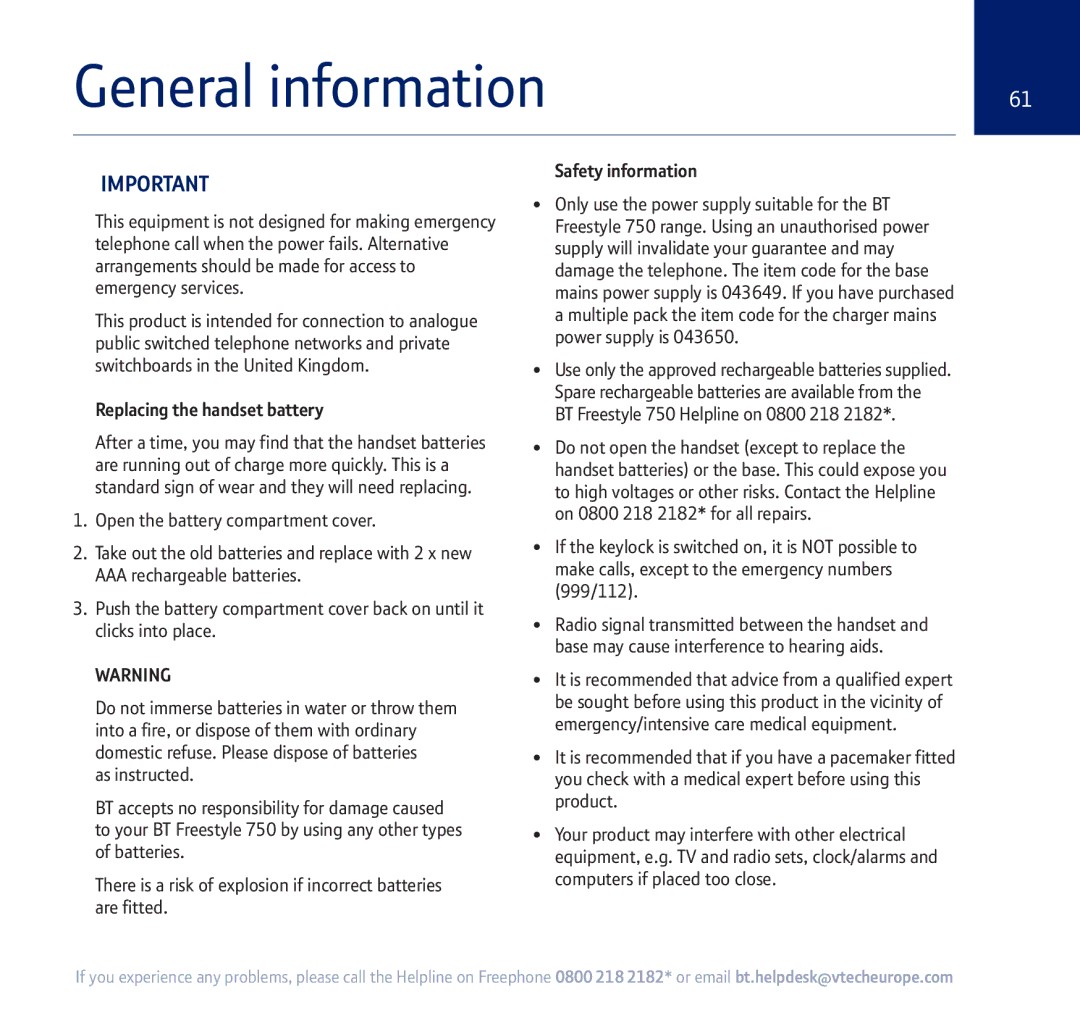 BT 750 manual General information, Replacing the handset battery 