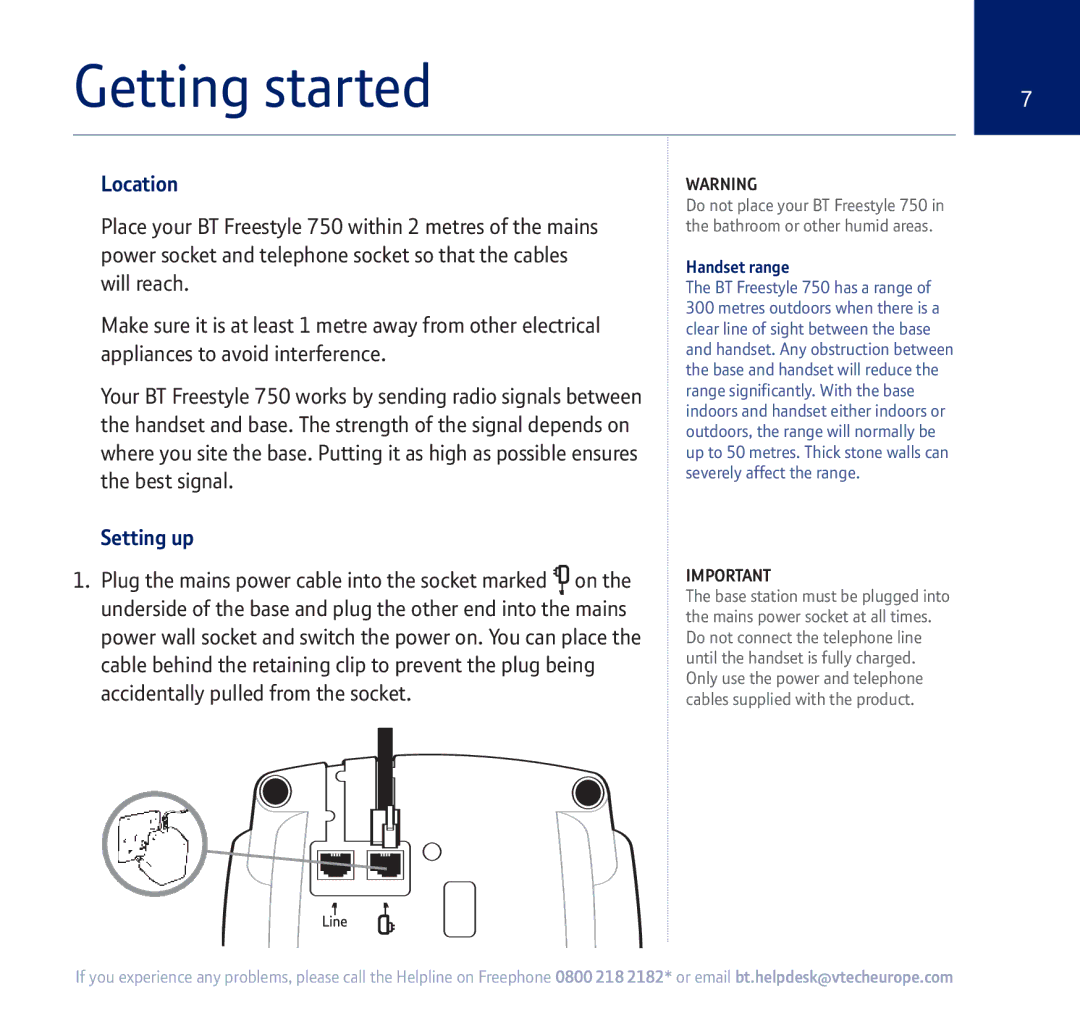 BT 750 manual Getting started, Location, Setting up, Handset range 