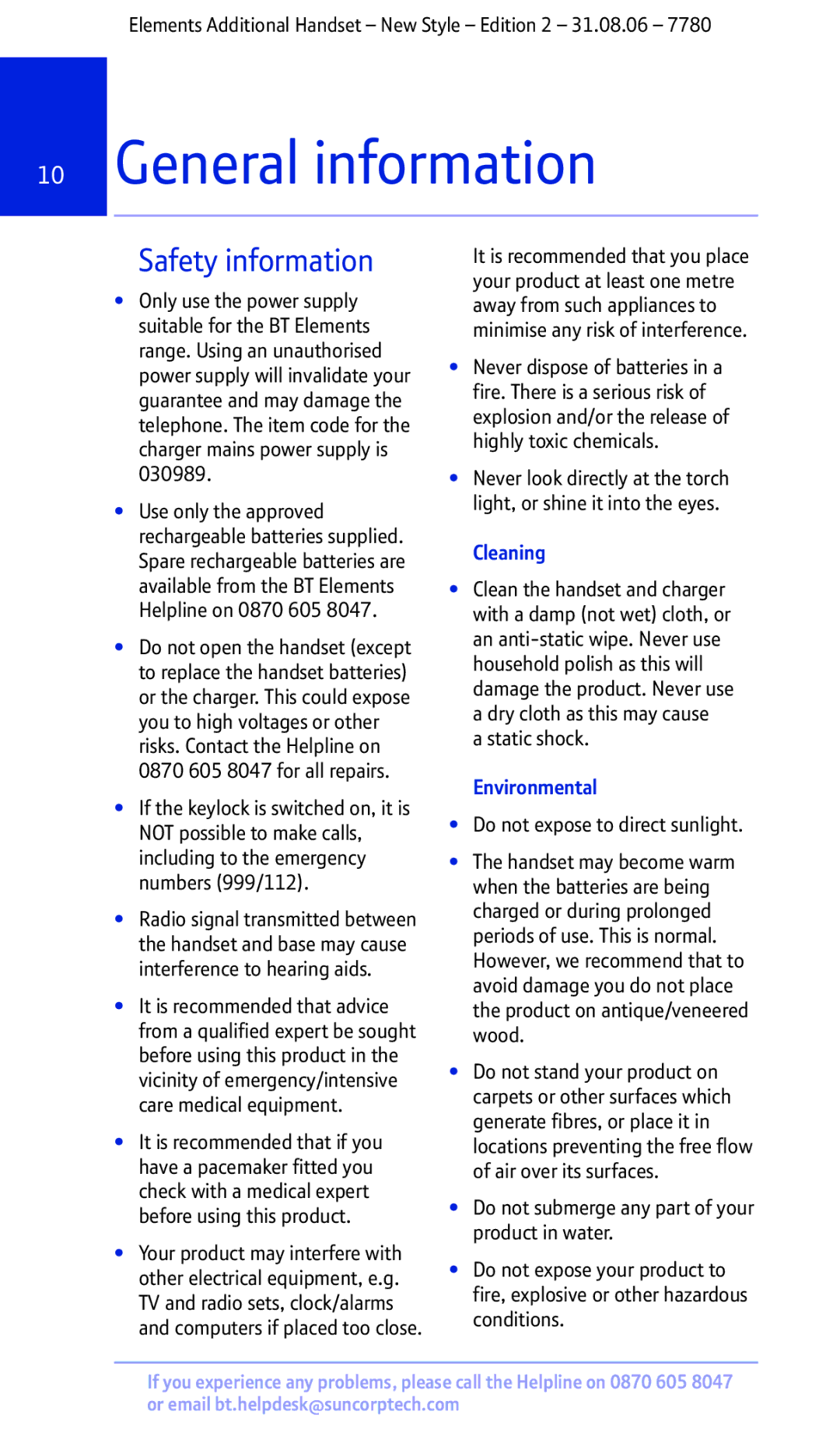 BT 7780 manual General information, Safety information, Cleaning, Environmental 