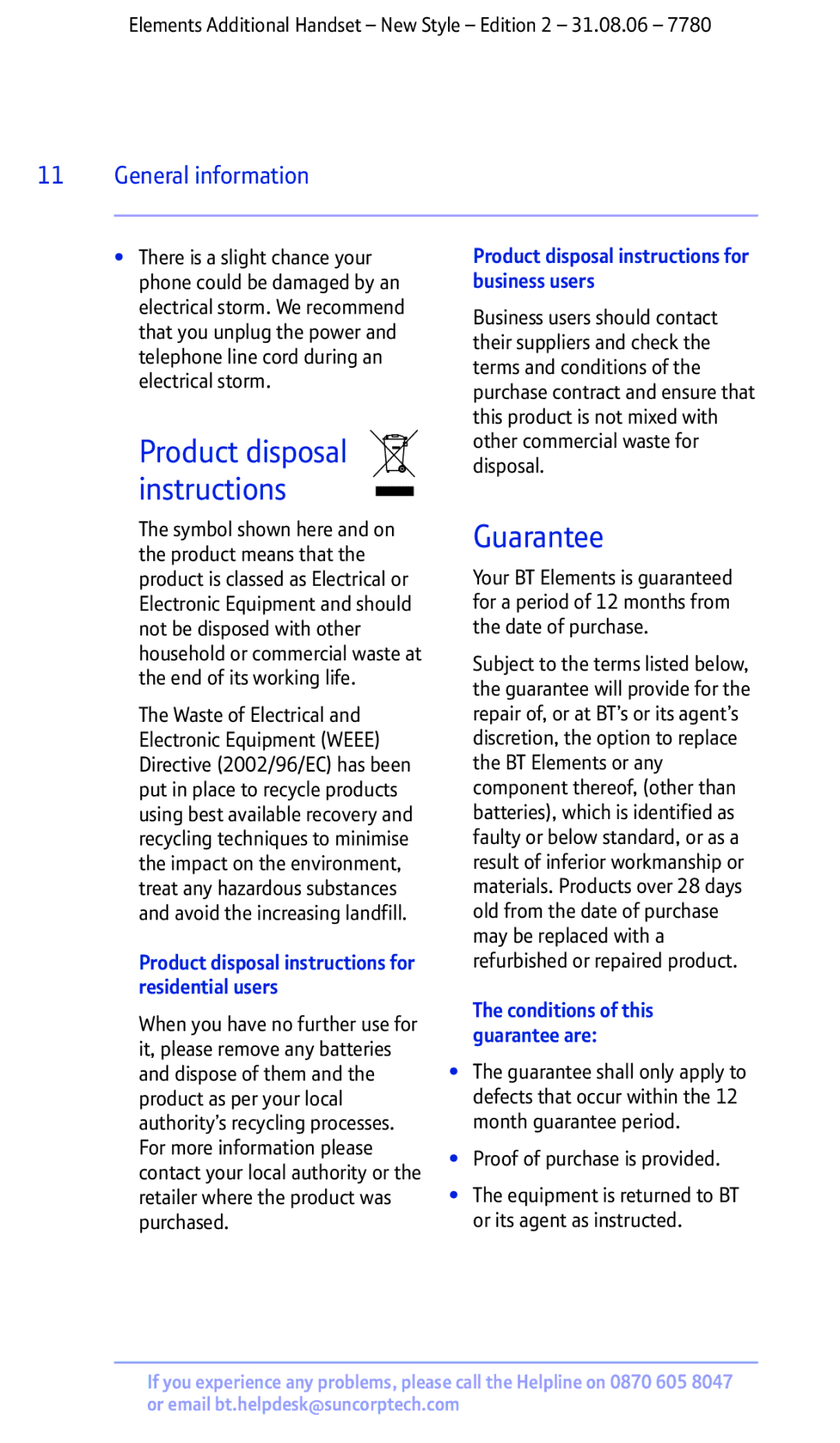 BT 7780 manual Product disposal instructions, Guarantee, General information 