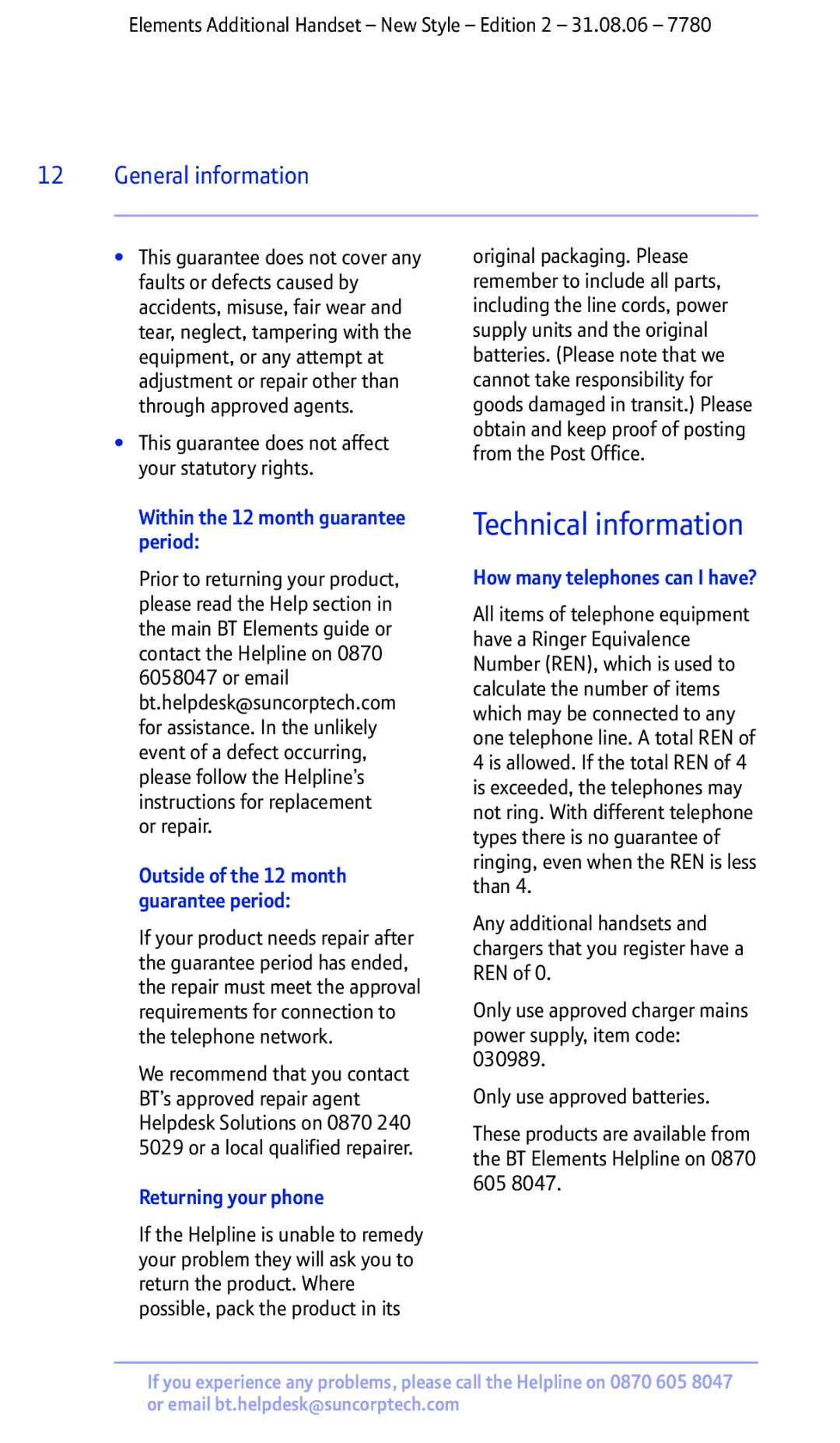 BT 7780 Technical information, Within the 12 month guarantee period, Returning your phone, How many telephones can I have? 