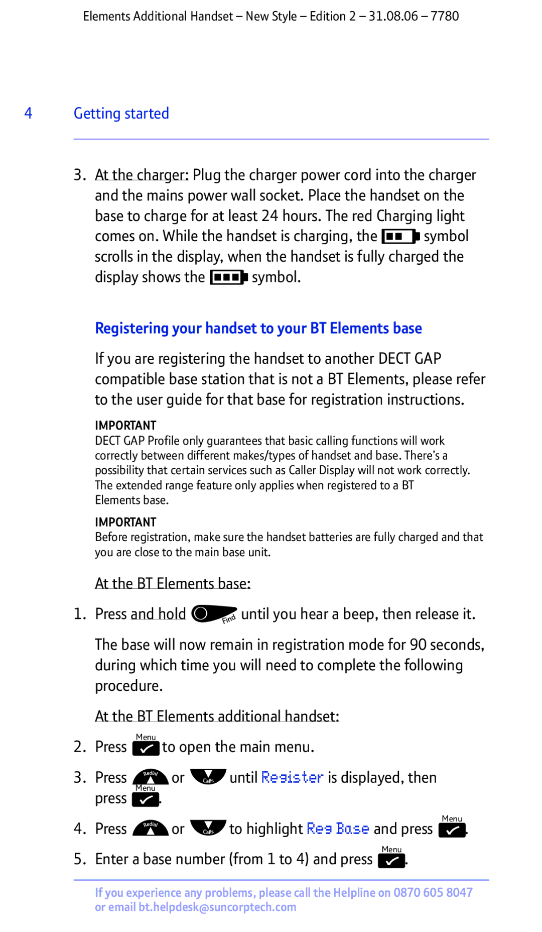 BT 7780 manual Registering your handset to your BT Elements base, Enter a base number from 1 to 4 and press Menu 