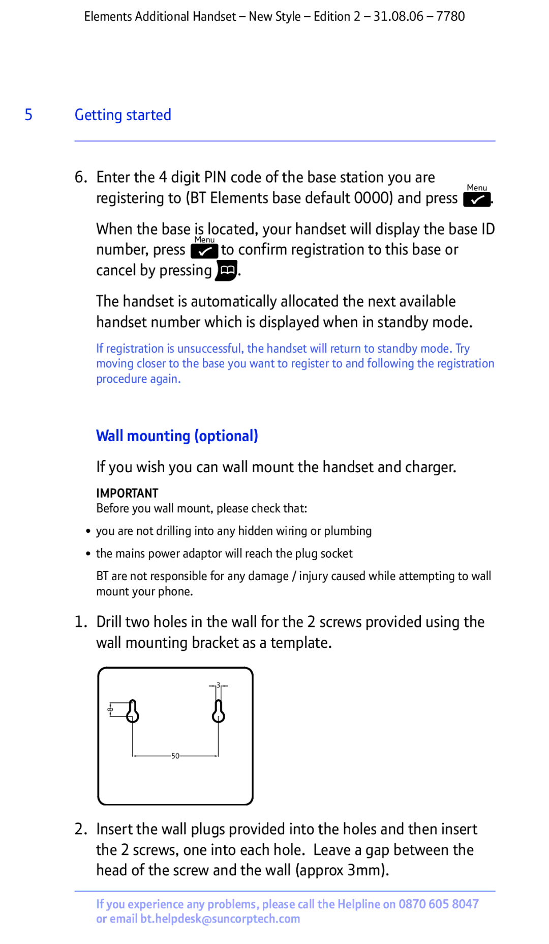 BT 7780 manual Wall mounting optional, If you wish you can wall mount the handset and charger 