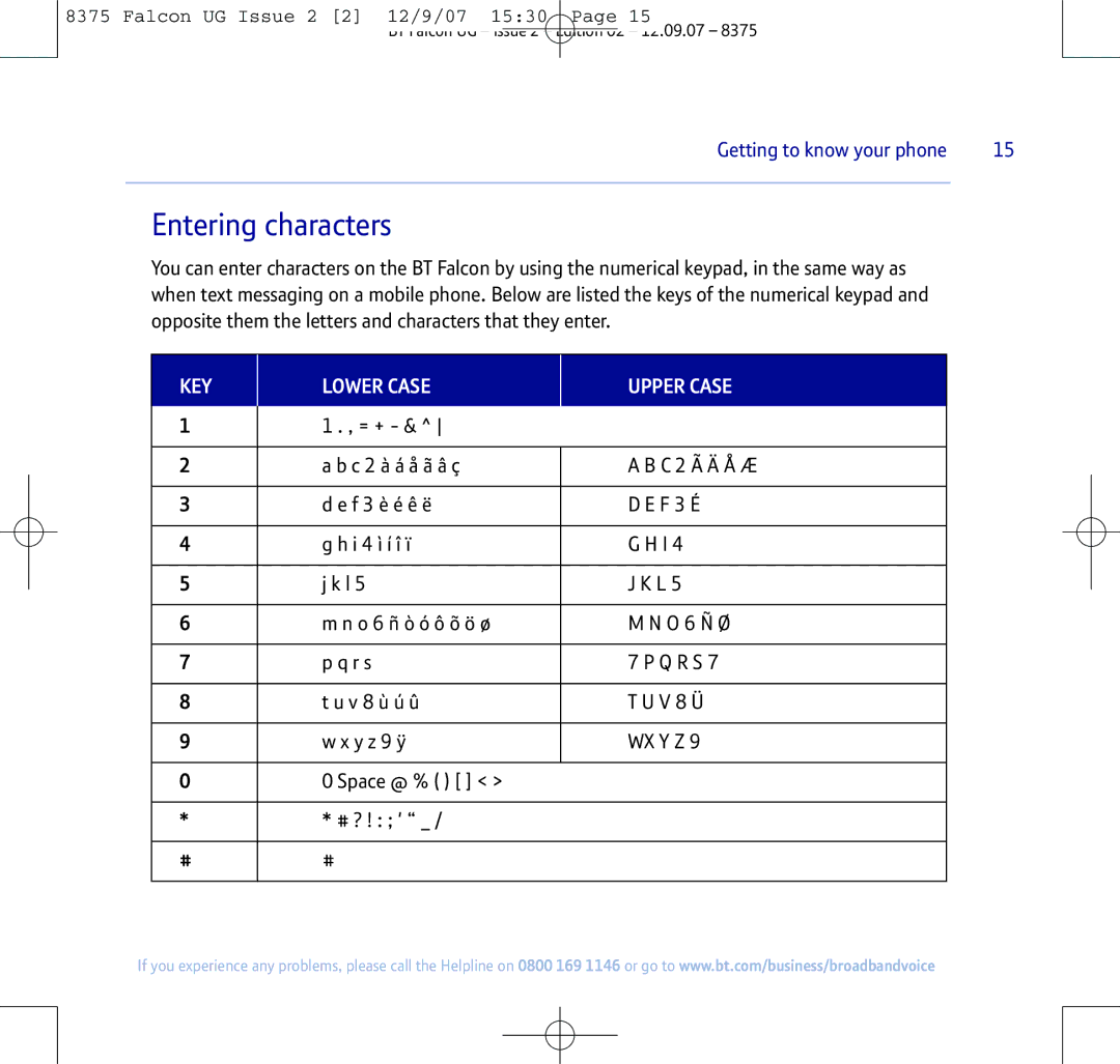 BT 8375 manual Entering characters, KEY Lower Case Upper Case 