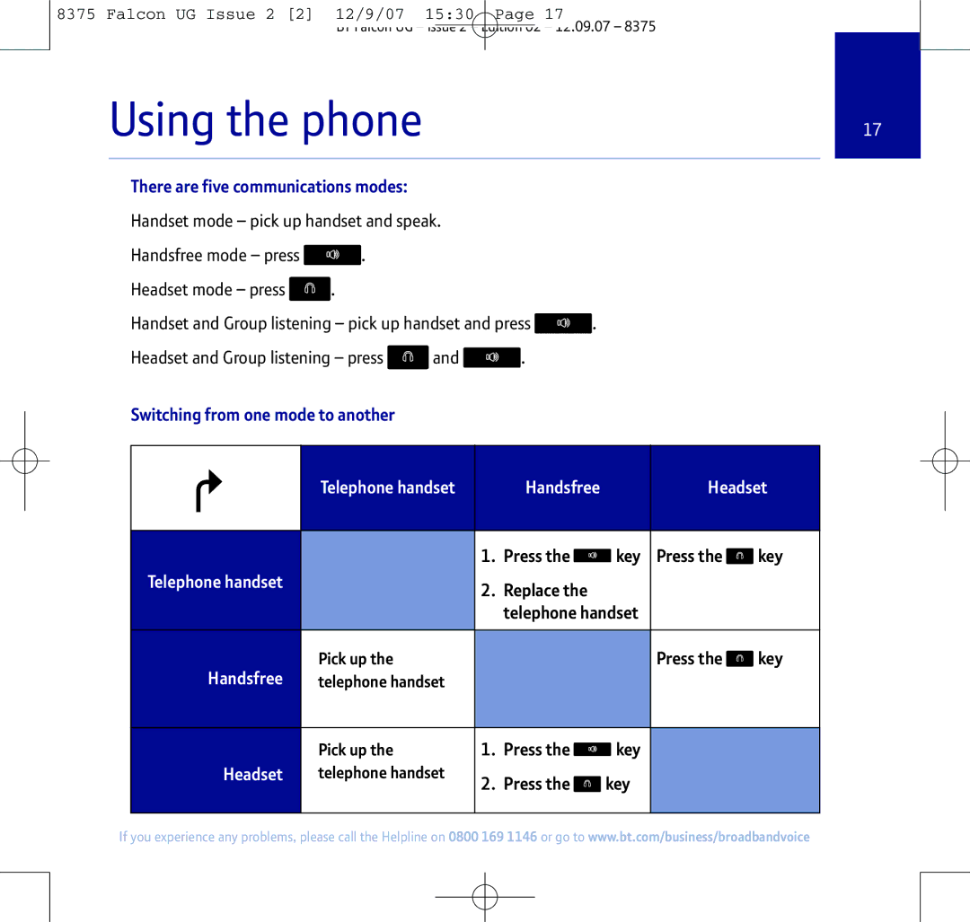 BT 8375 manual There are five communications modes, Switching from one mode to another 