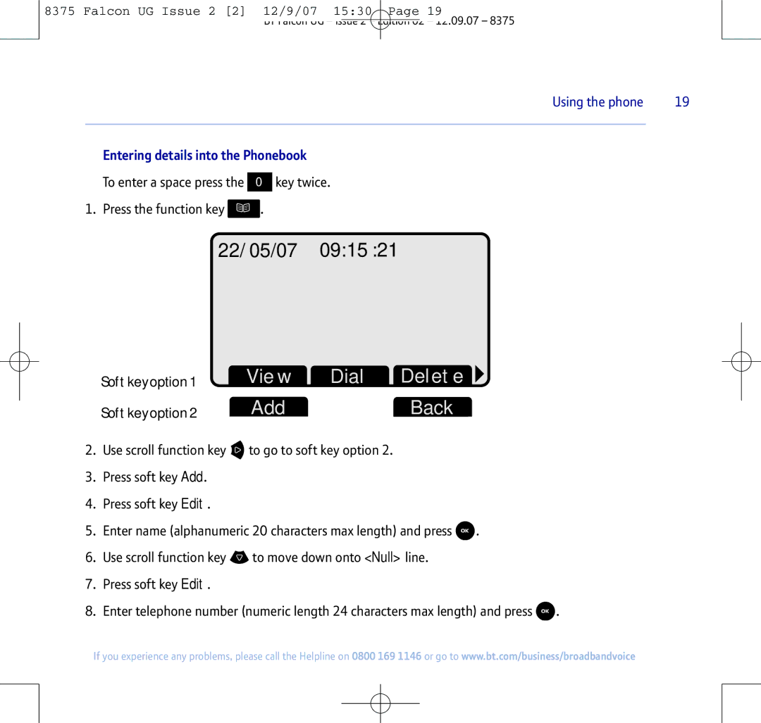 BT 8375 manual View Dial Delete AddBack, Entering details into the Phonebook 