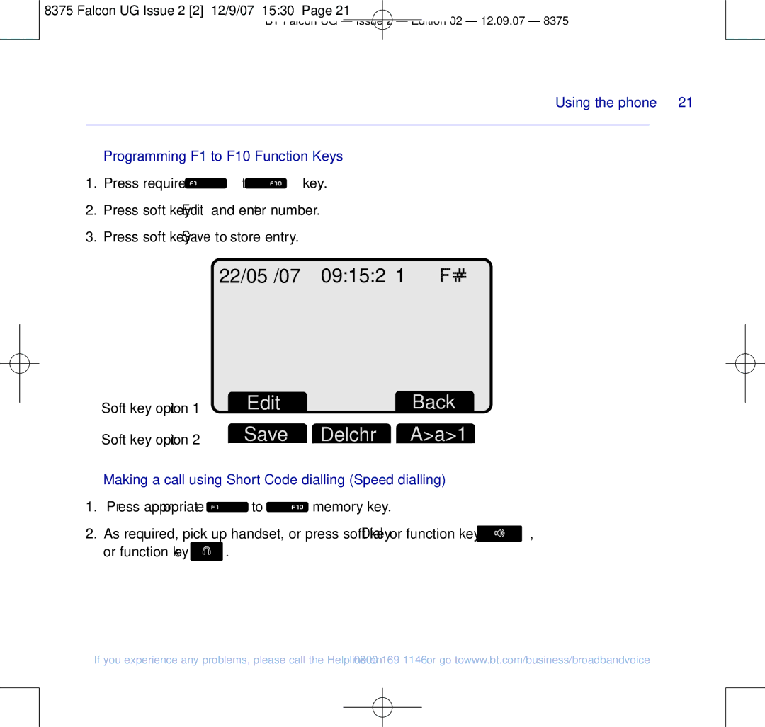 BT 8375 manual Programming F1 to F10 Function Keys, Making a call using Short Code dialling Speed dialling 