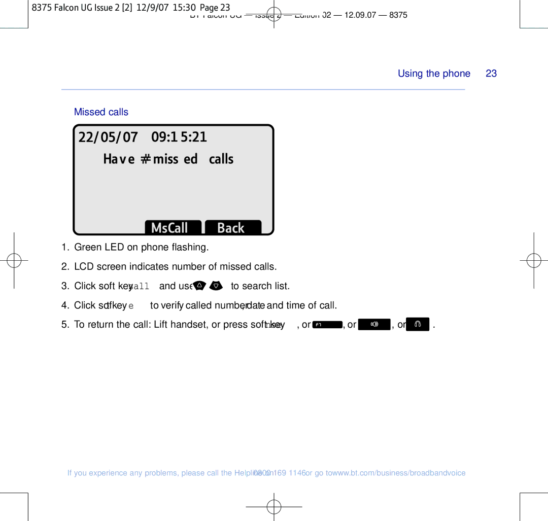 BT 8375 manual MsCall Back, Missed calls 