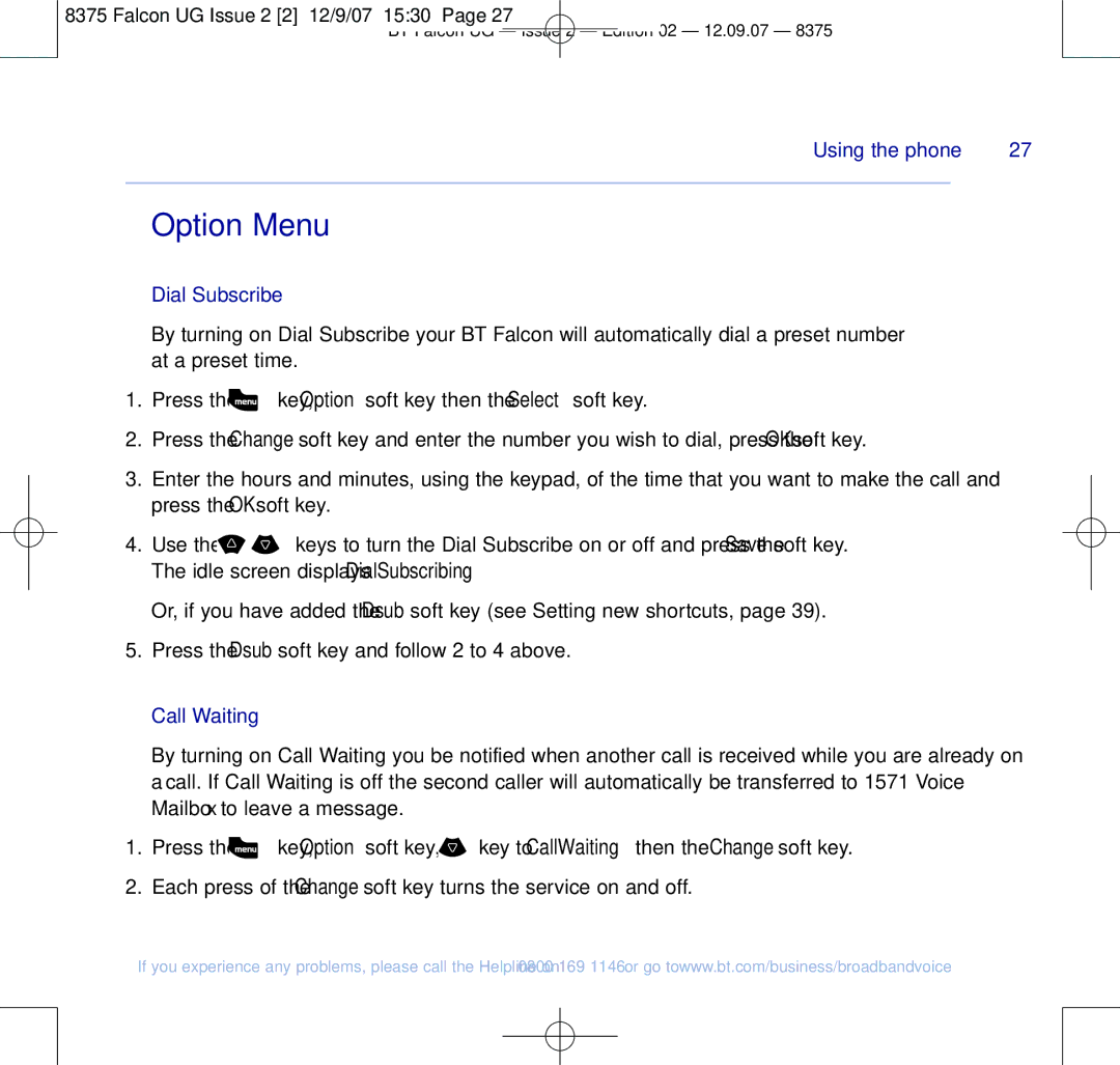 BT 8375 manual Option Menu, Dial Subscribe, Call Waiting 