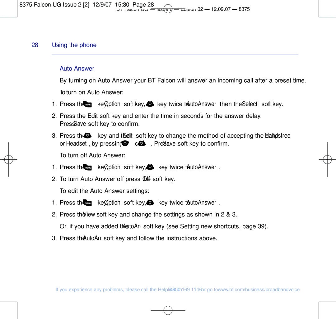 BT 8375 manual To turn on Auto Answer, To turn off Auto Answer, To edit the Auto Answer settings 