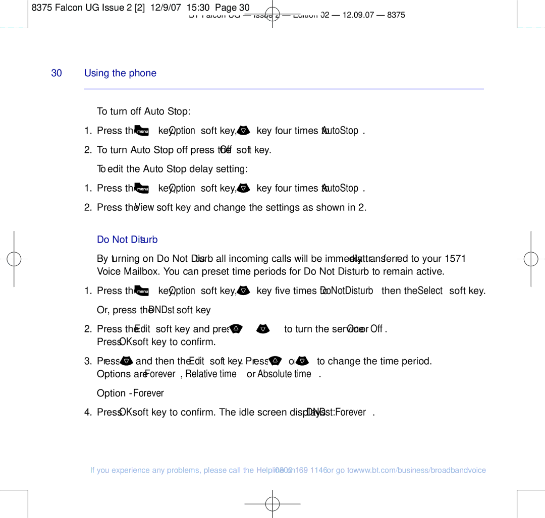 BT 8375 manual To turn off Auto Stop, To edit the Auto Stop delay setting, Do Not Disturb 