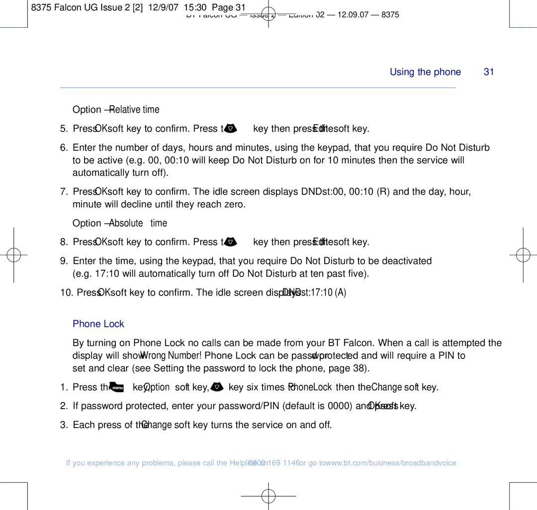 BT 8375 manual Option Relative time, Phone Lock 