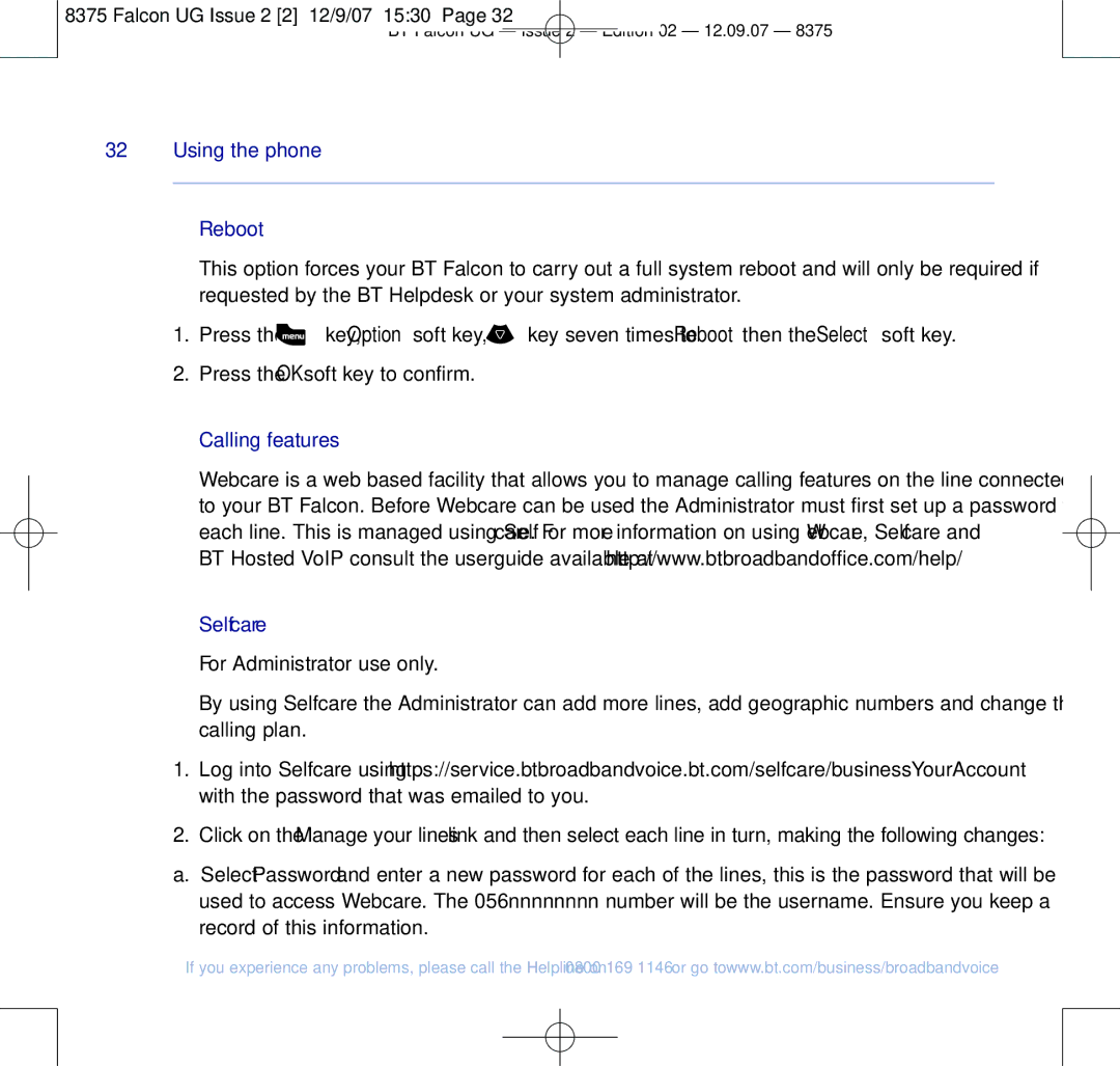 BT 8375 manual Reboot, Calling features Selfcare 