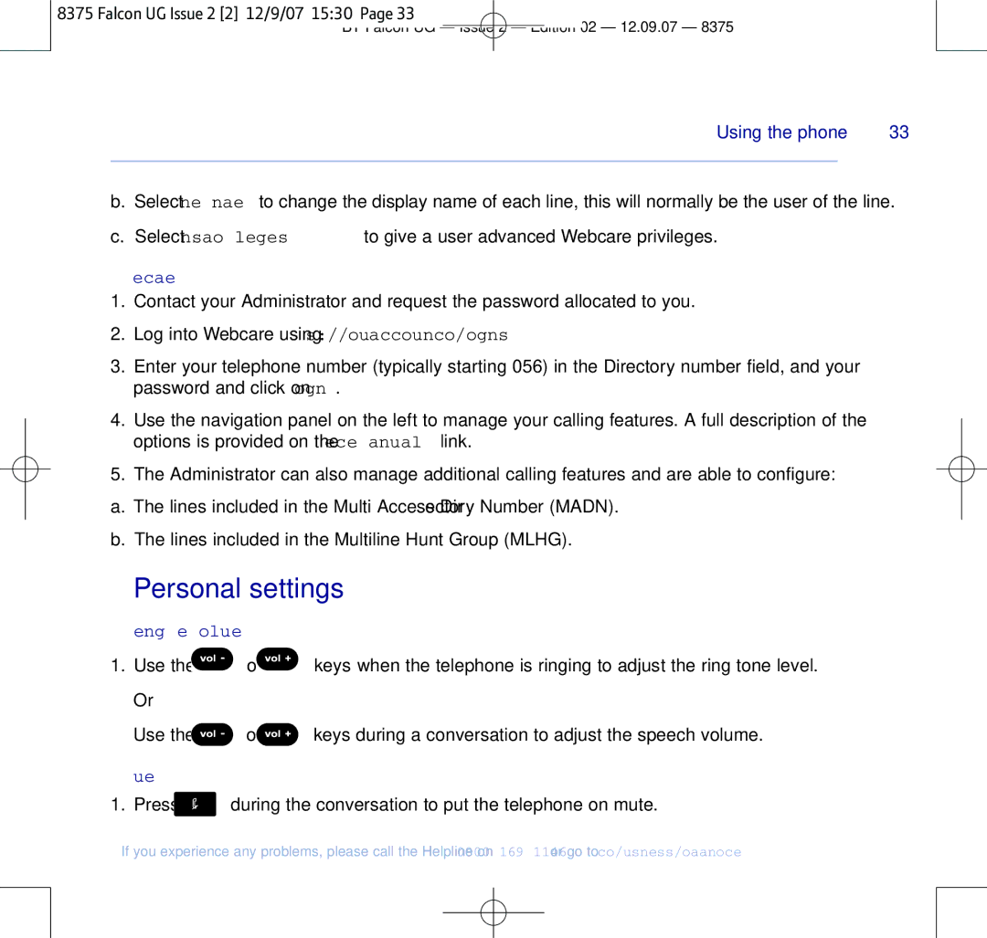 BT 8375 manual Personal settings, Webcare, Setting the volume, Mute 