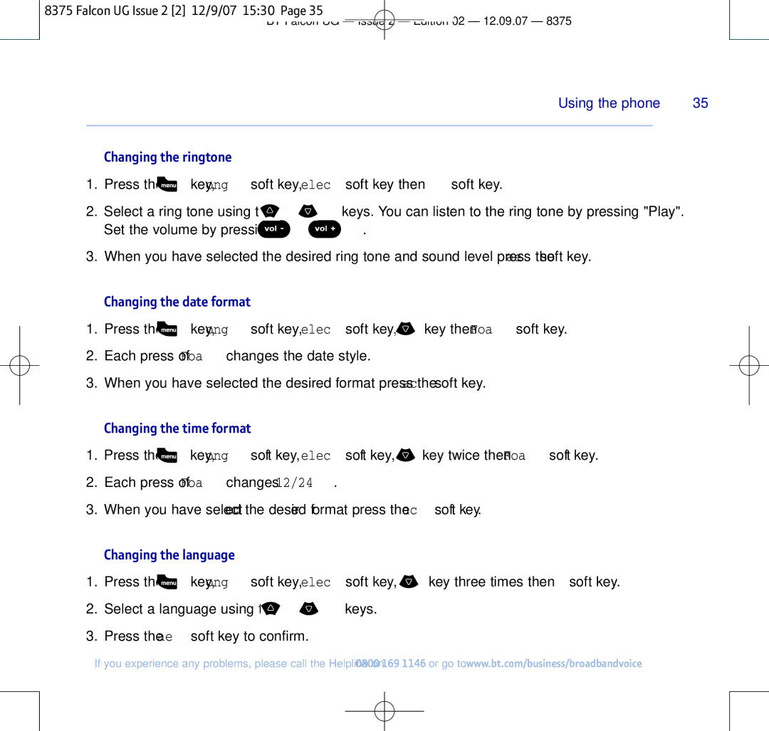 BT 8375 manual Changing the ringtone, Changing the date format, Changing the time format, Changing the language 