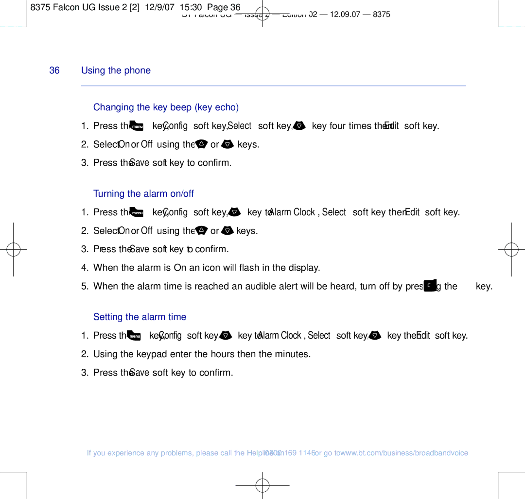 BT 8375 manual Changing the key beep key echo, Turning the alarm on/off, Setting the alarm time 