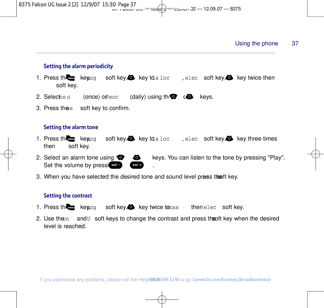 BT 8375 manual Setting the alarm periodicity, Setting the alarm tone, Setting the contrast 