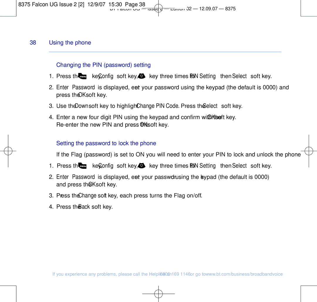 BT 8375 manual Changing the PIN password setting, Setting the password to lock the phone 