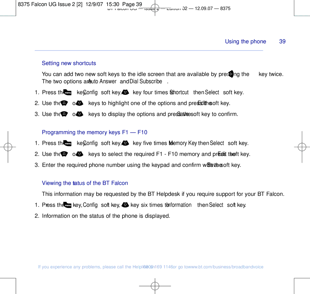 BT 8375 manual Setting new shortcuts, Programming the memory keys F1 F10, Viewing the status of the BT Falcon 