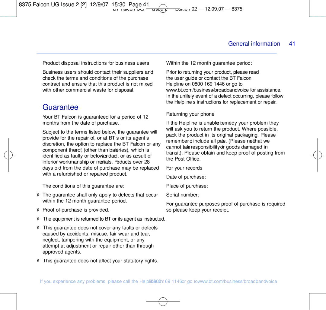 BT 8375 manual Guarantee 