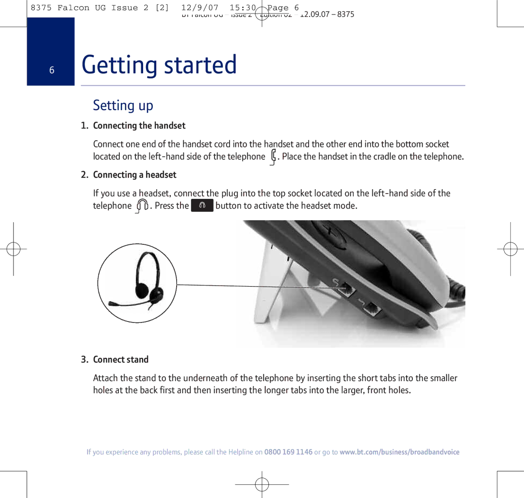 BT 8375 manual Setting up, Connecting the handset, Connecting a headset, Connect stand 