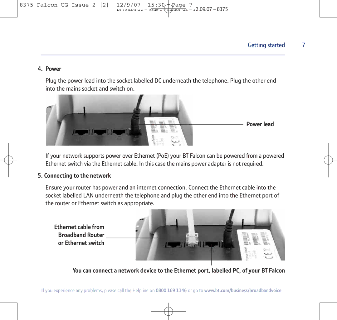 BT 8375 manual Power lead, Connecting to the network 