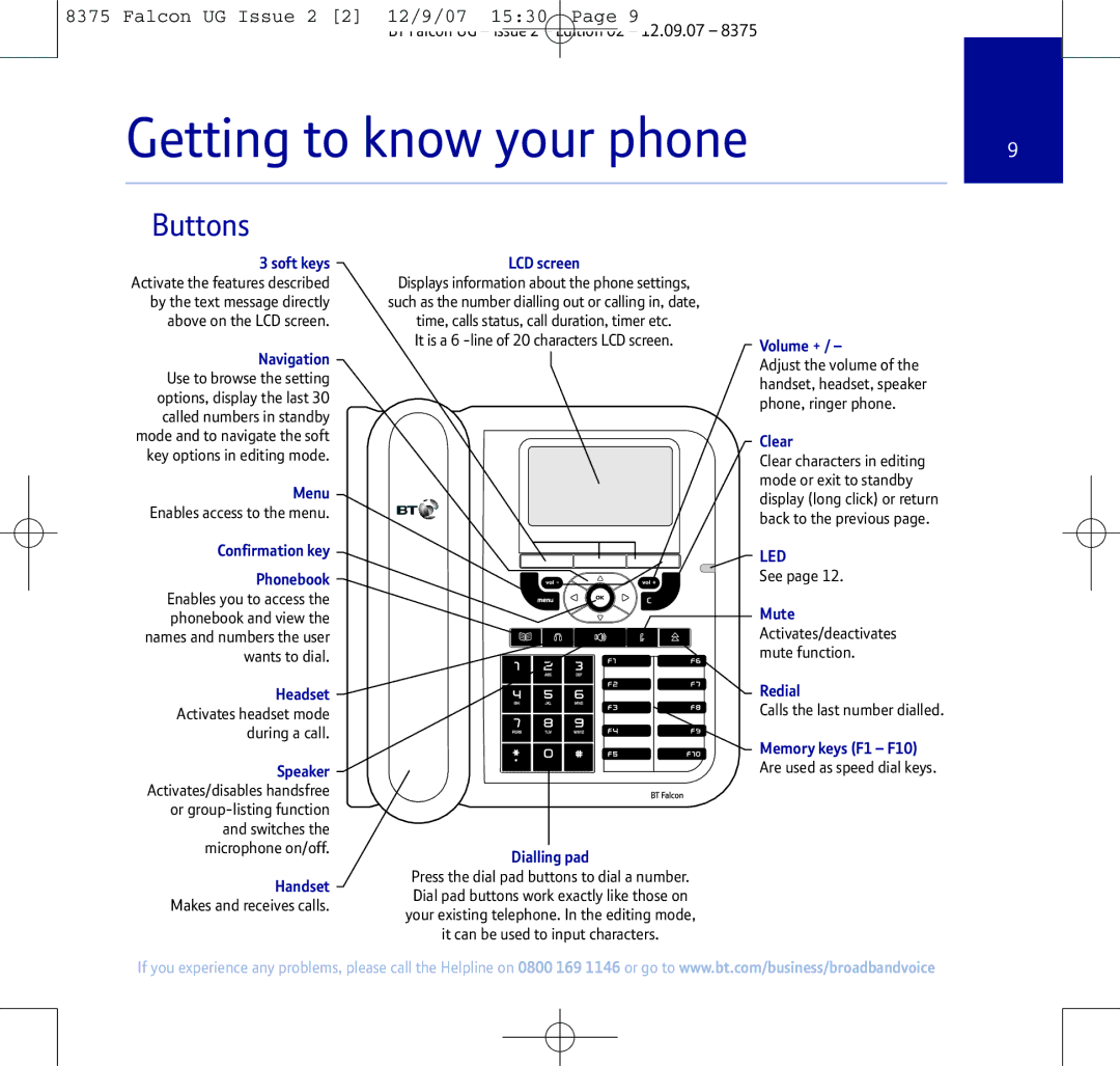 BT 8375 manual Getting to know your phone, Buttons 