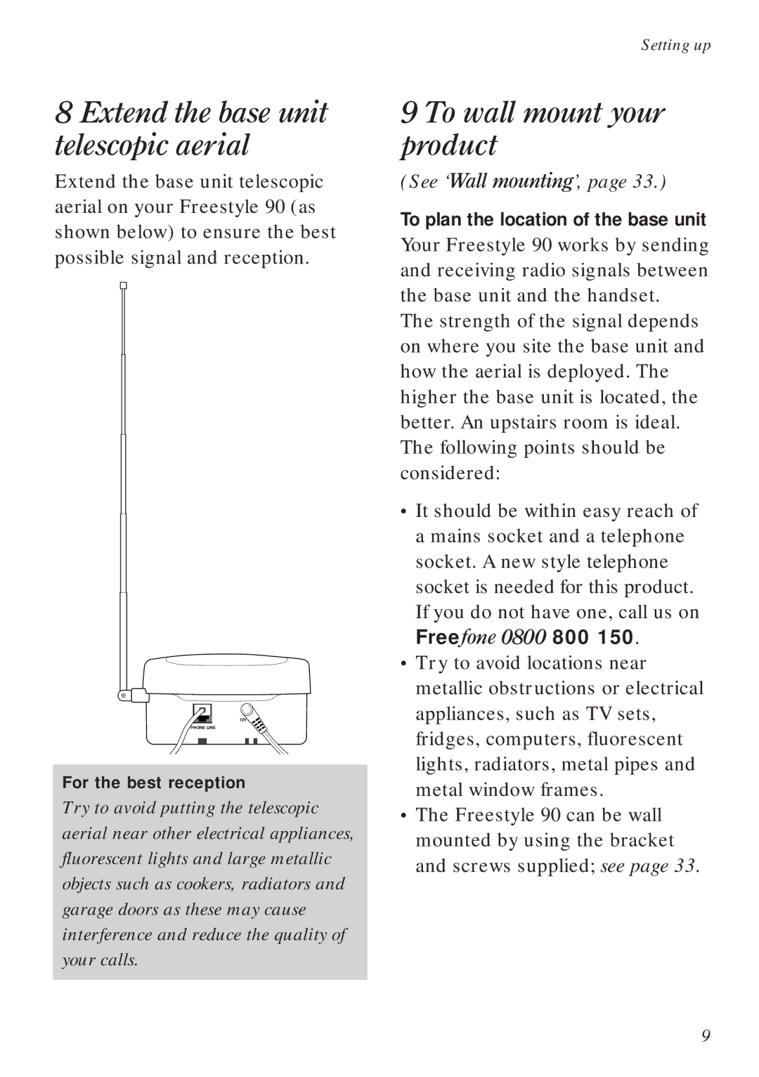 BT 90 manual Extend the base unit telescopic aerial, To wall mount your product, To plan the location of the base unit 