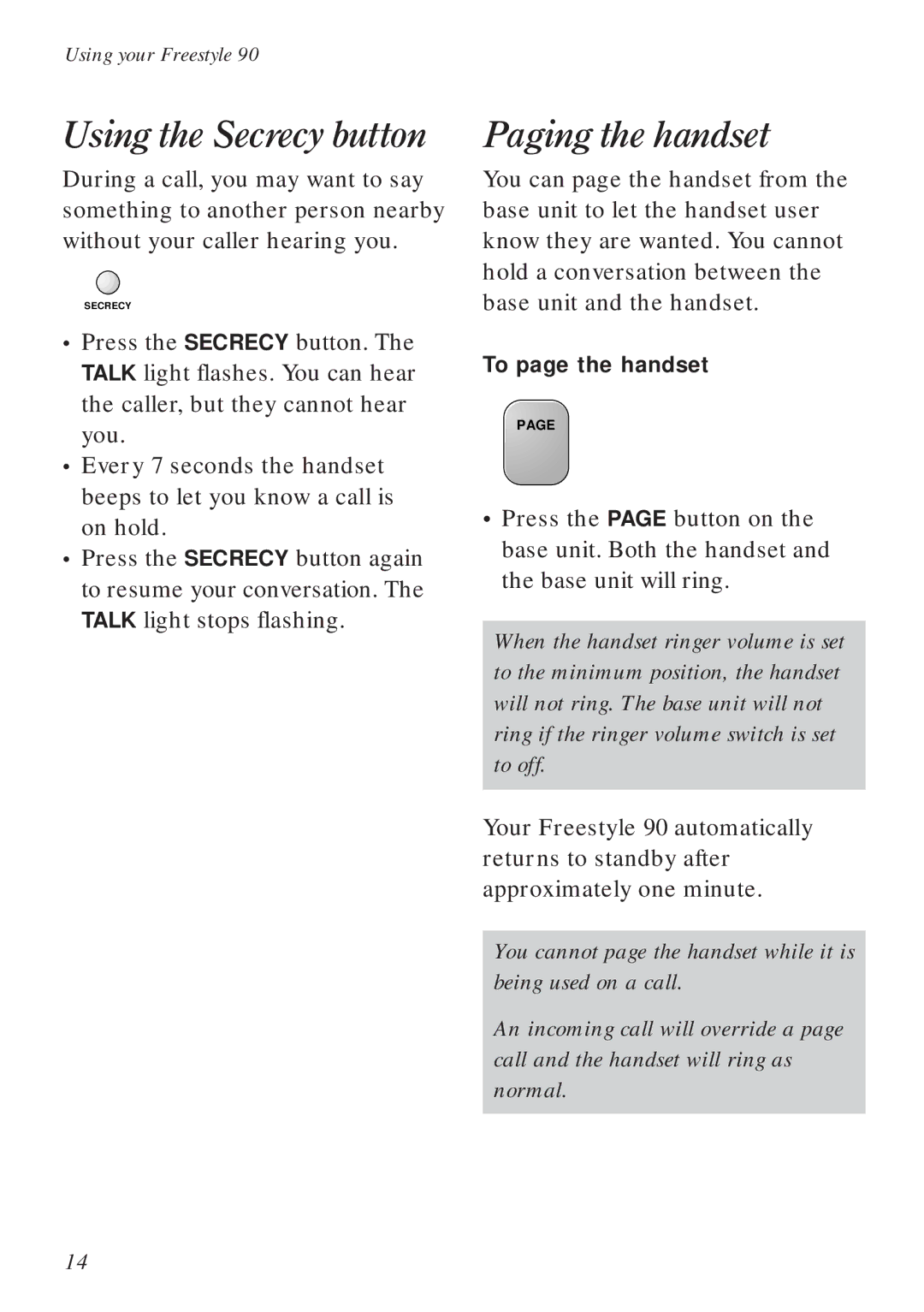 BT 90 manual Using the Secrecy button, Paging the handset, To page the handset 