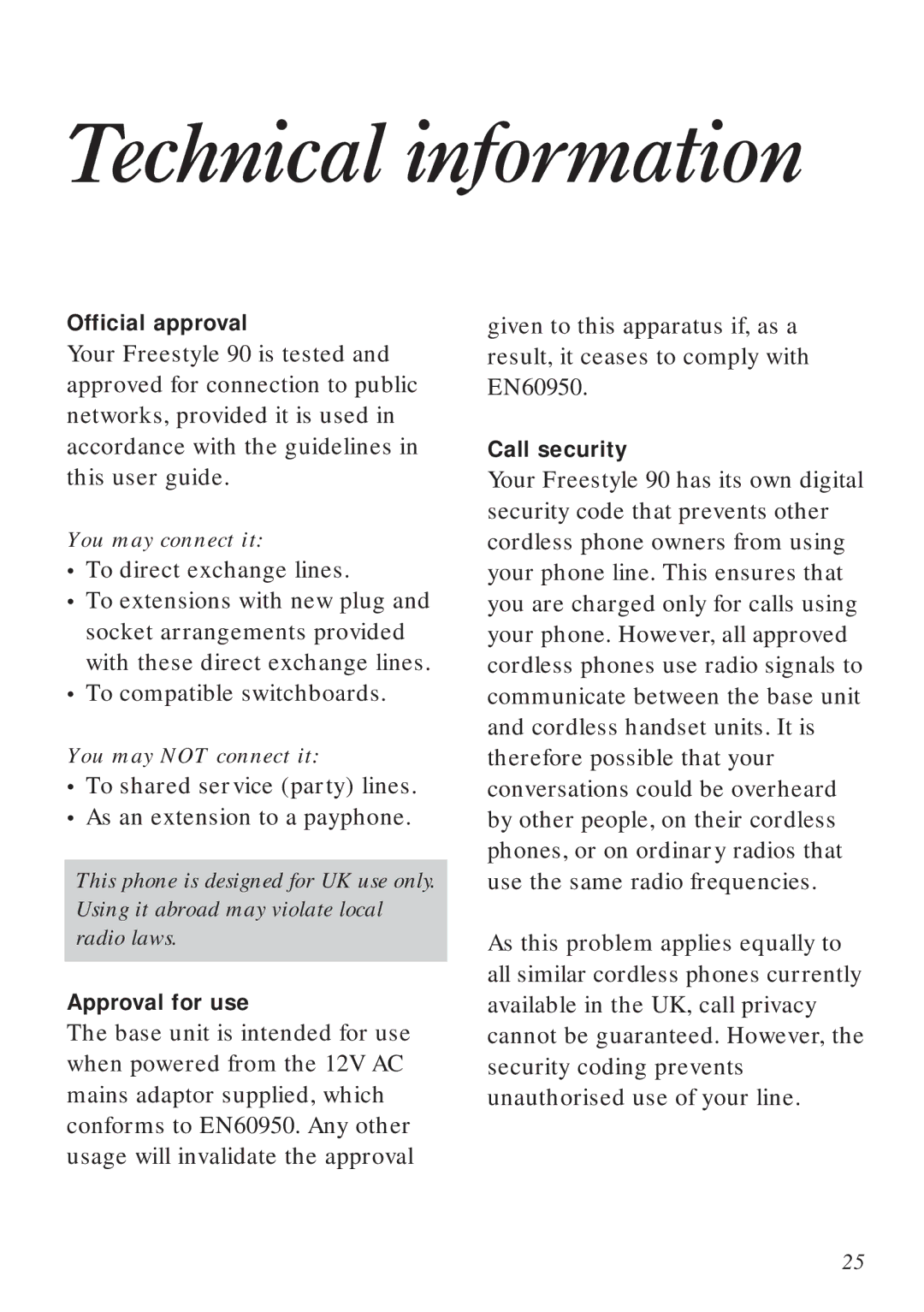 BT 90 manual Technical information, To direct exchange lines, To compatible switchboards 