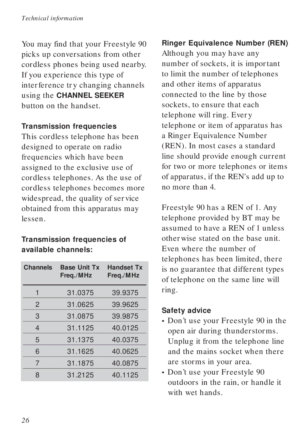 BT 90 manual Transmission frequencies of available channels, Ringer Equivalence Number REN, Safety advice 