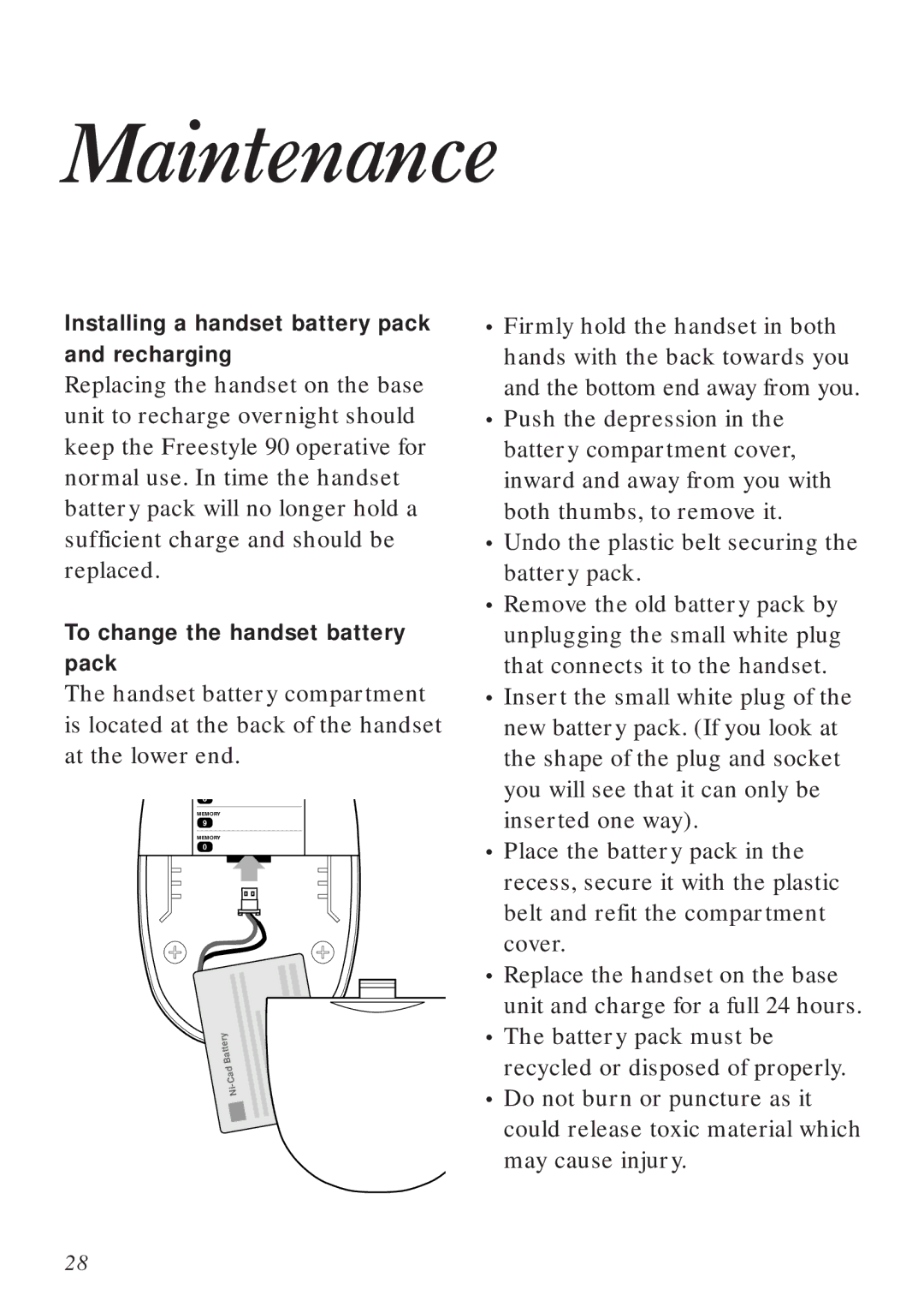 BT 90 manual Maintenance, Undo the plastic belt securing the battery pack, Installing a handset battery pack and recharging 