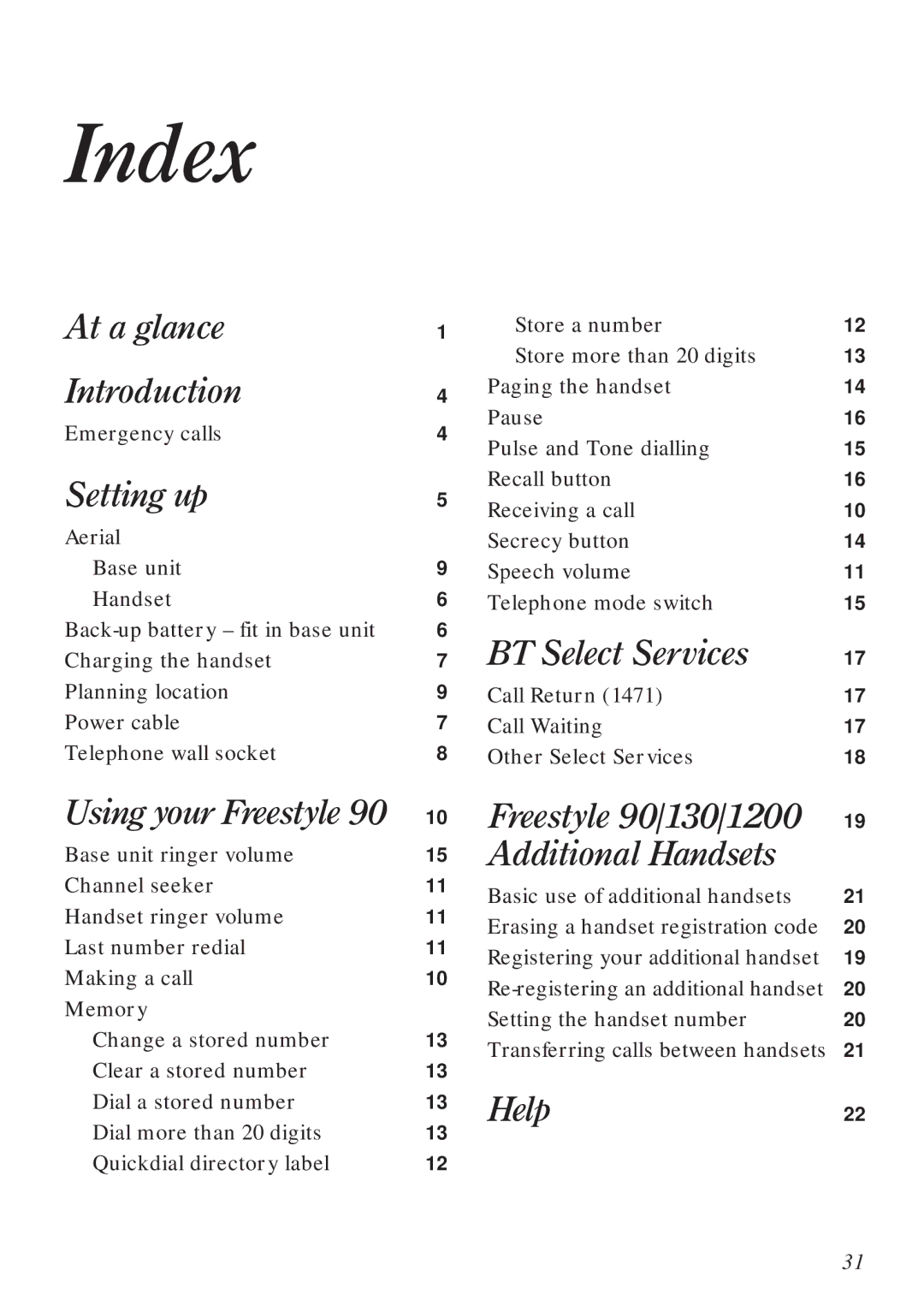 BT 90 manual Index, Setting up 