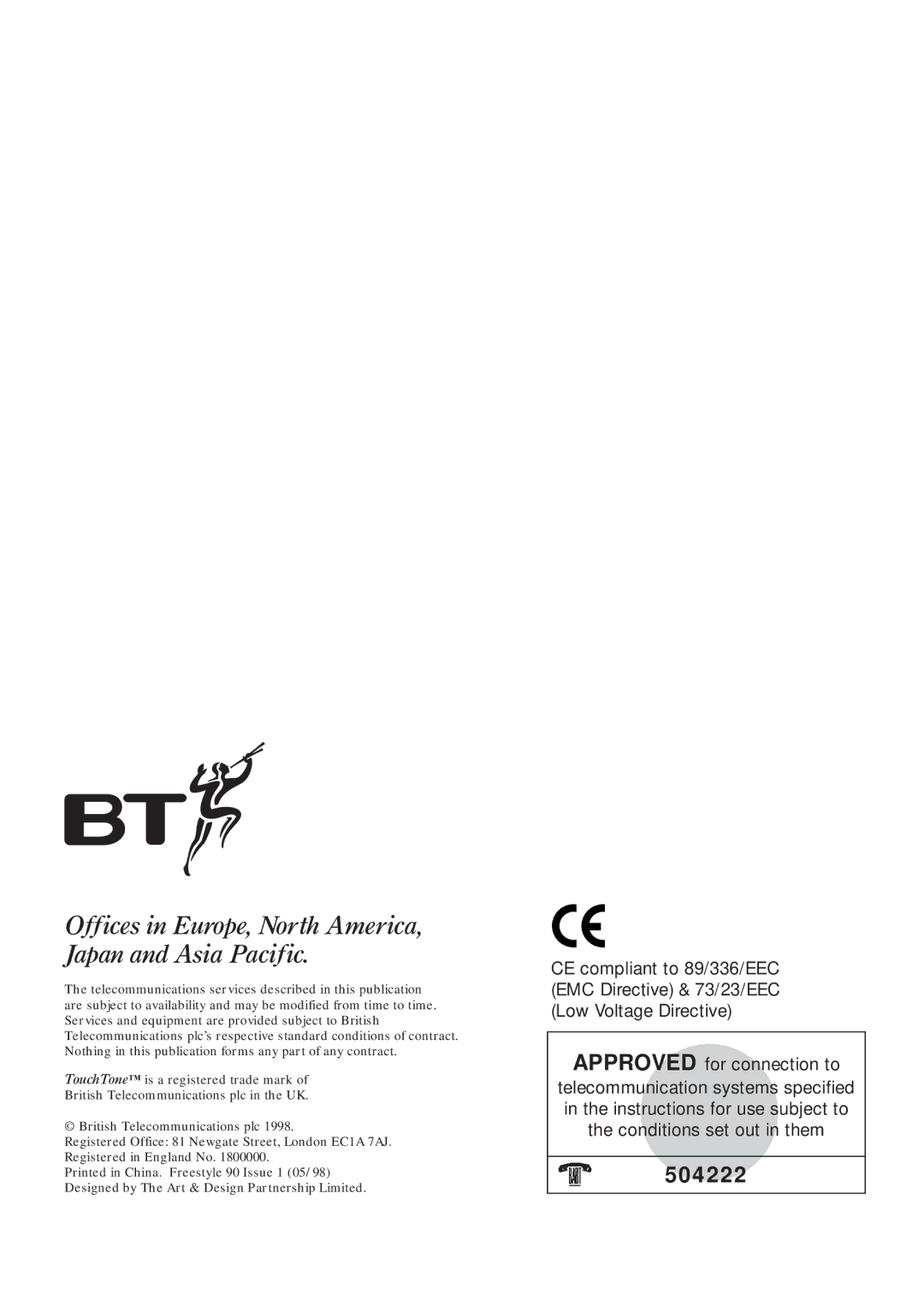 BT 90 manual Offices in Europe, North America, Japan and Asia Pacific, 504222 