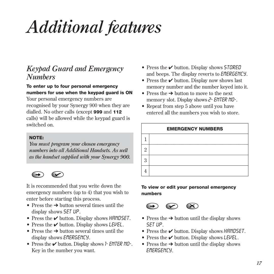 BT 900 manual Additional features, Emergency 