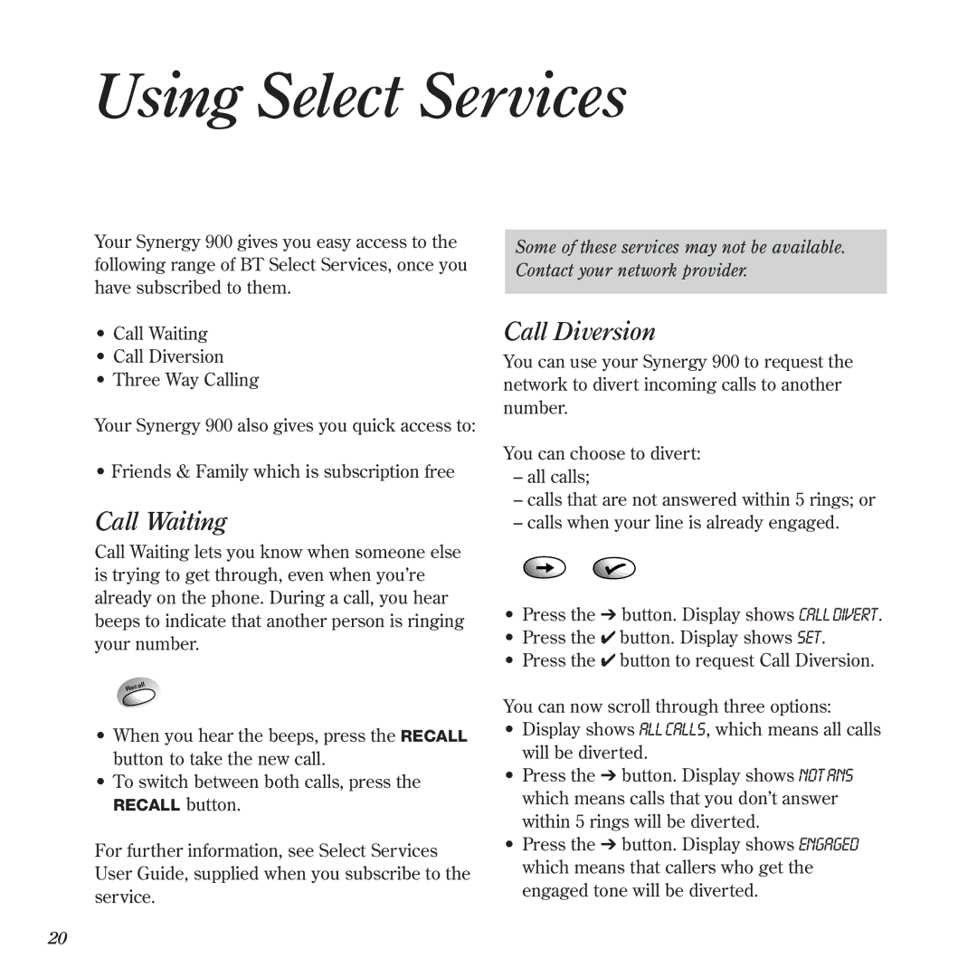 BT 900 manual Using Select Services, Call Waiting, Call Diversion 