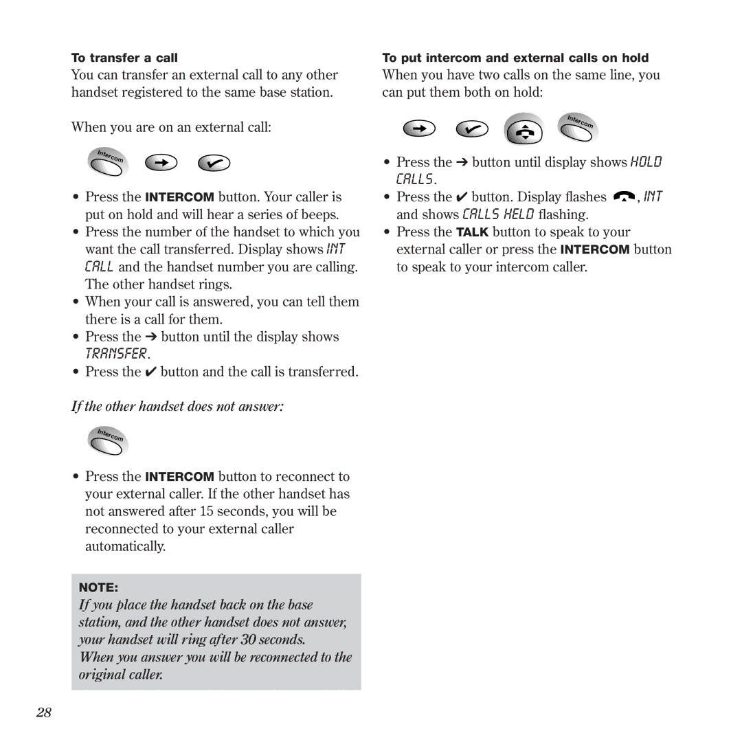 BT 900 manual Transfer, If the other handset does not answer 