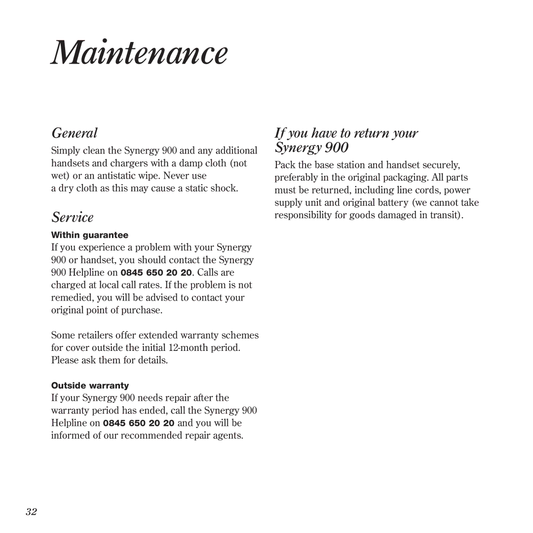 BT 900 manual Maintenance, General, Service, If you have to return your Synergy 