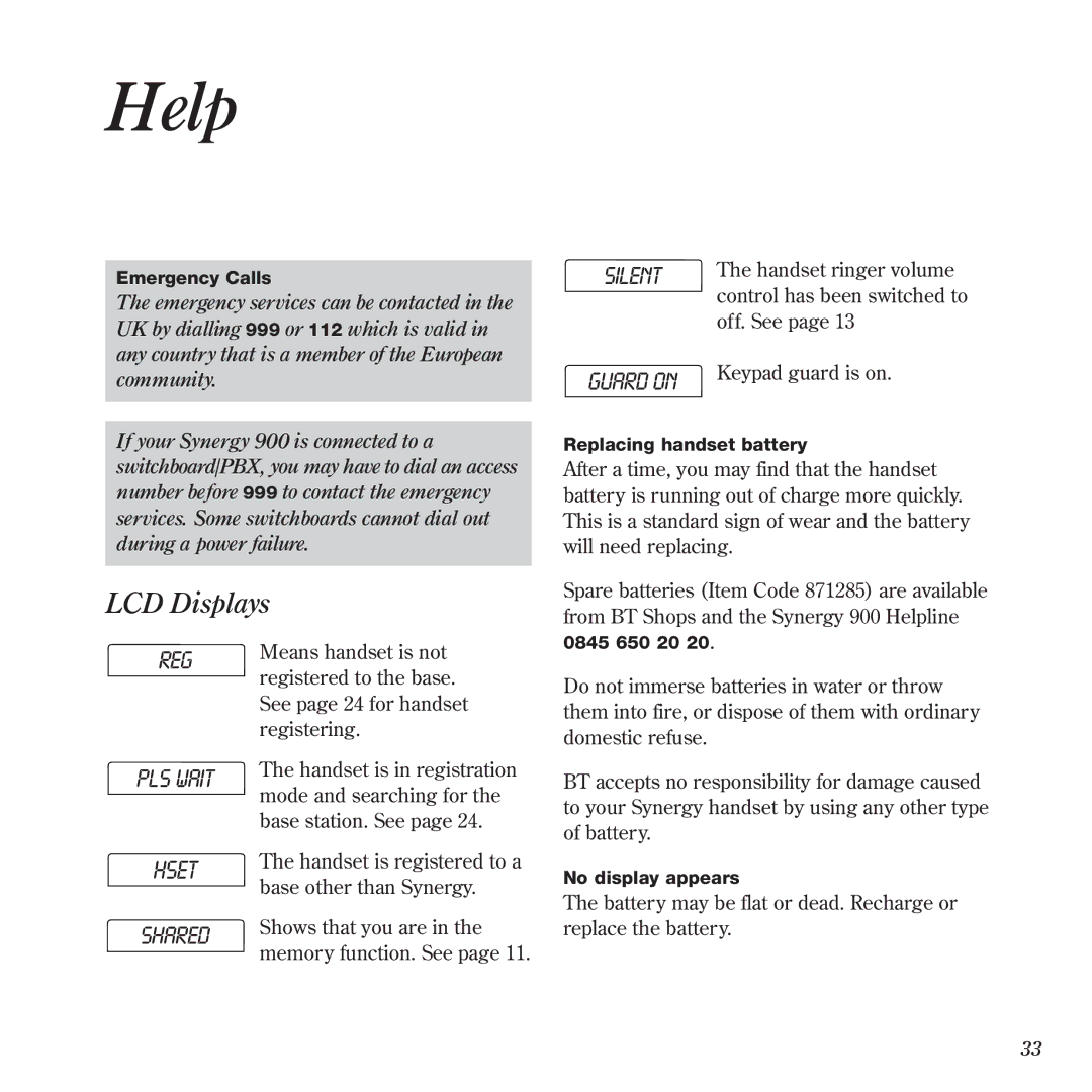 BT 900 manual Help, LCD Displays 