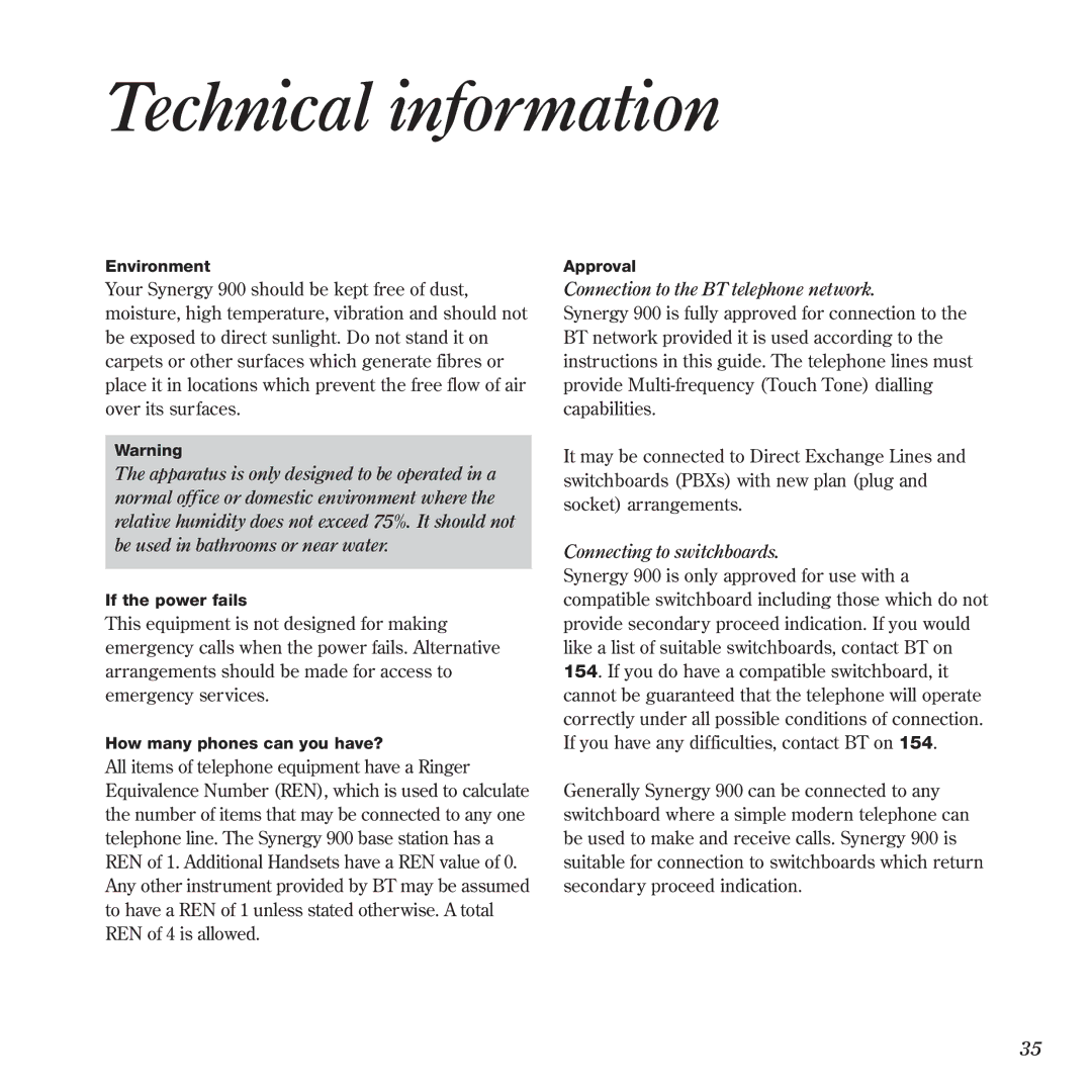 BT 900 manual Technical information, Connection to the BT telephone network 