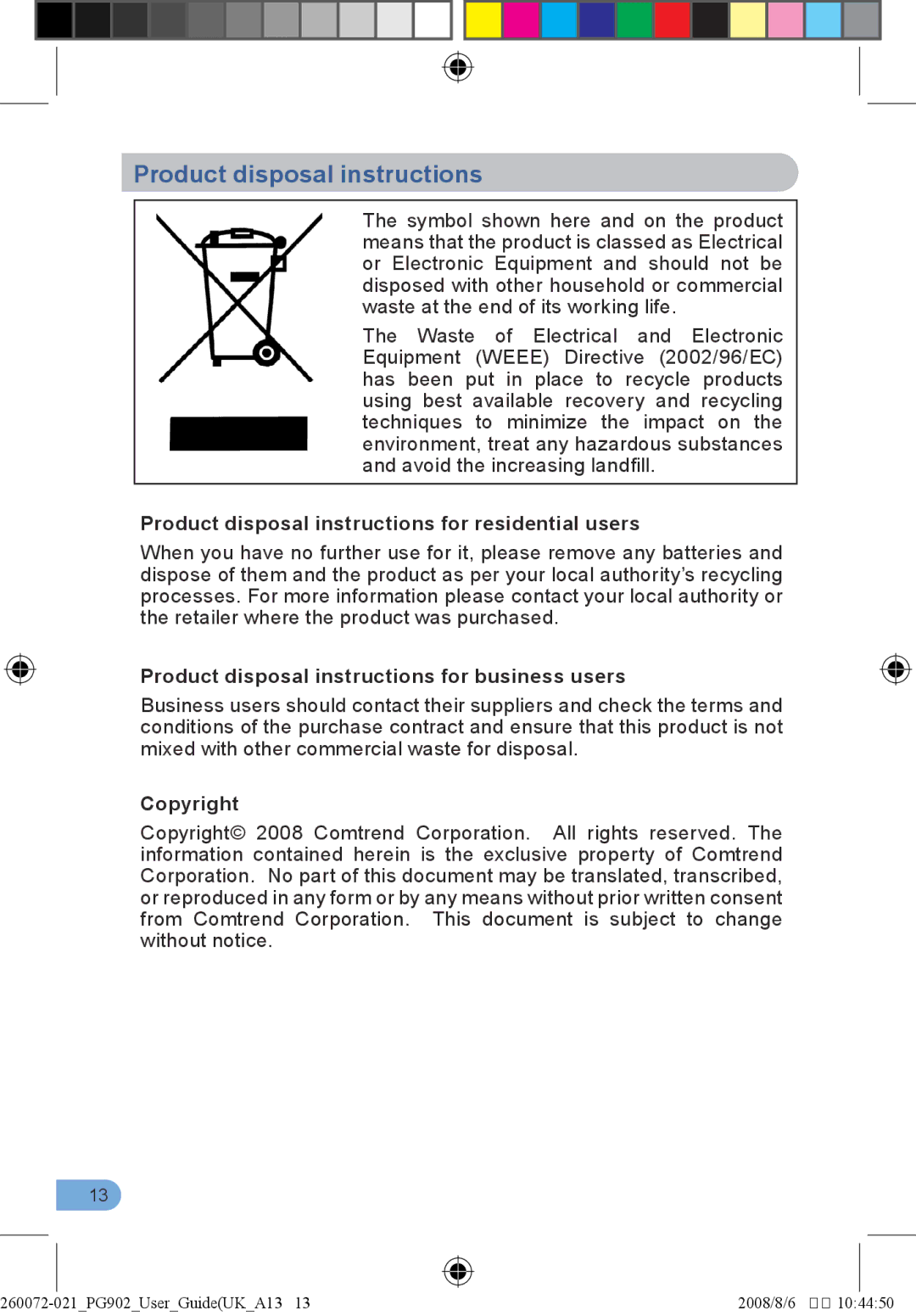 BT 902 manual Product disposal instructions for residential users, Product disposal instructions for business users 