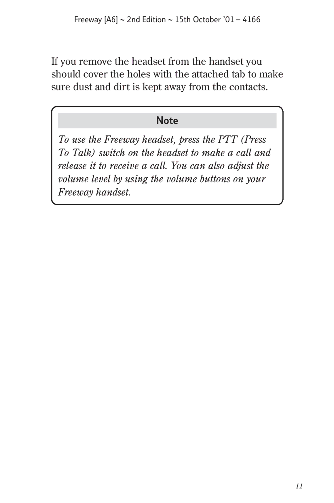 BT manual Freeway A6 ~ 2nd Edition ~ 15th October ’01 