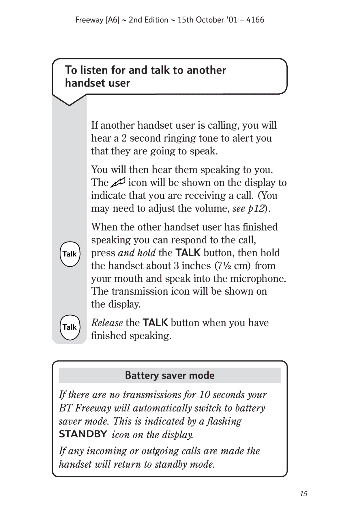 BT A6 manual To listen for and talk to another handset user, Battery saver mode 