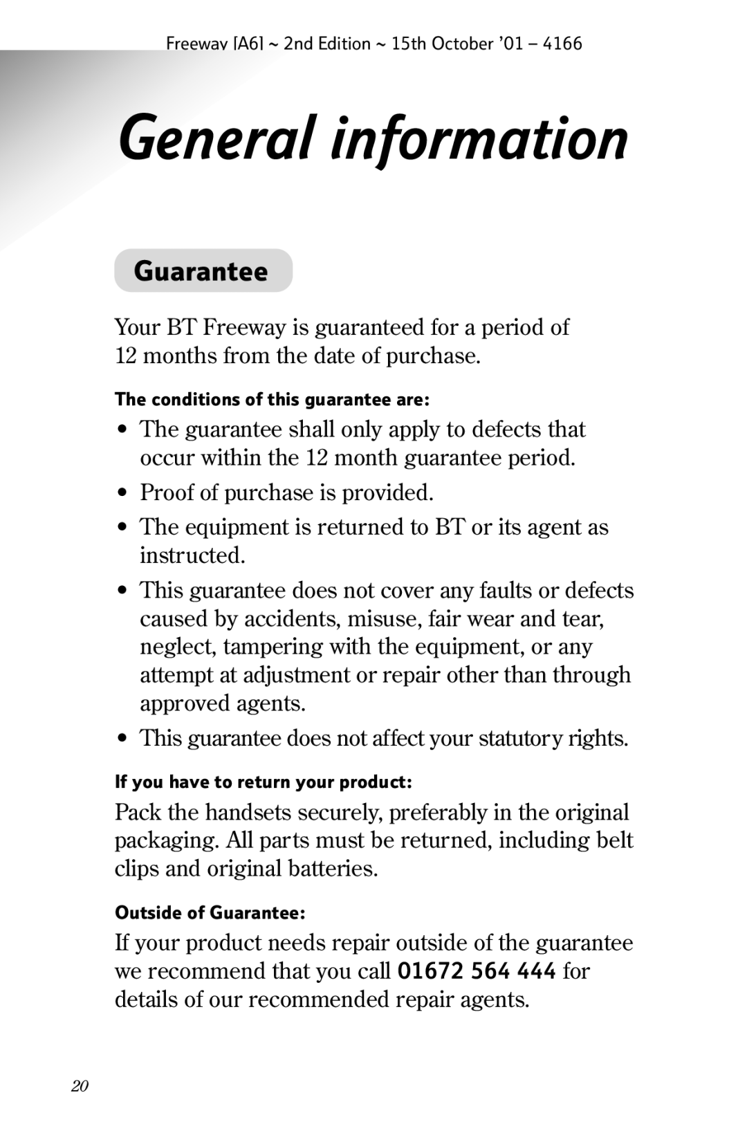 BT A6 manual General information, Guarantee 