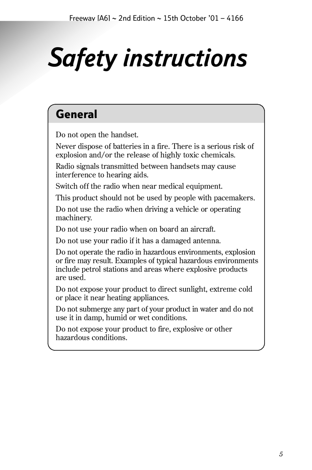 BT A6 manual Safety instructions, General 