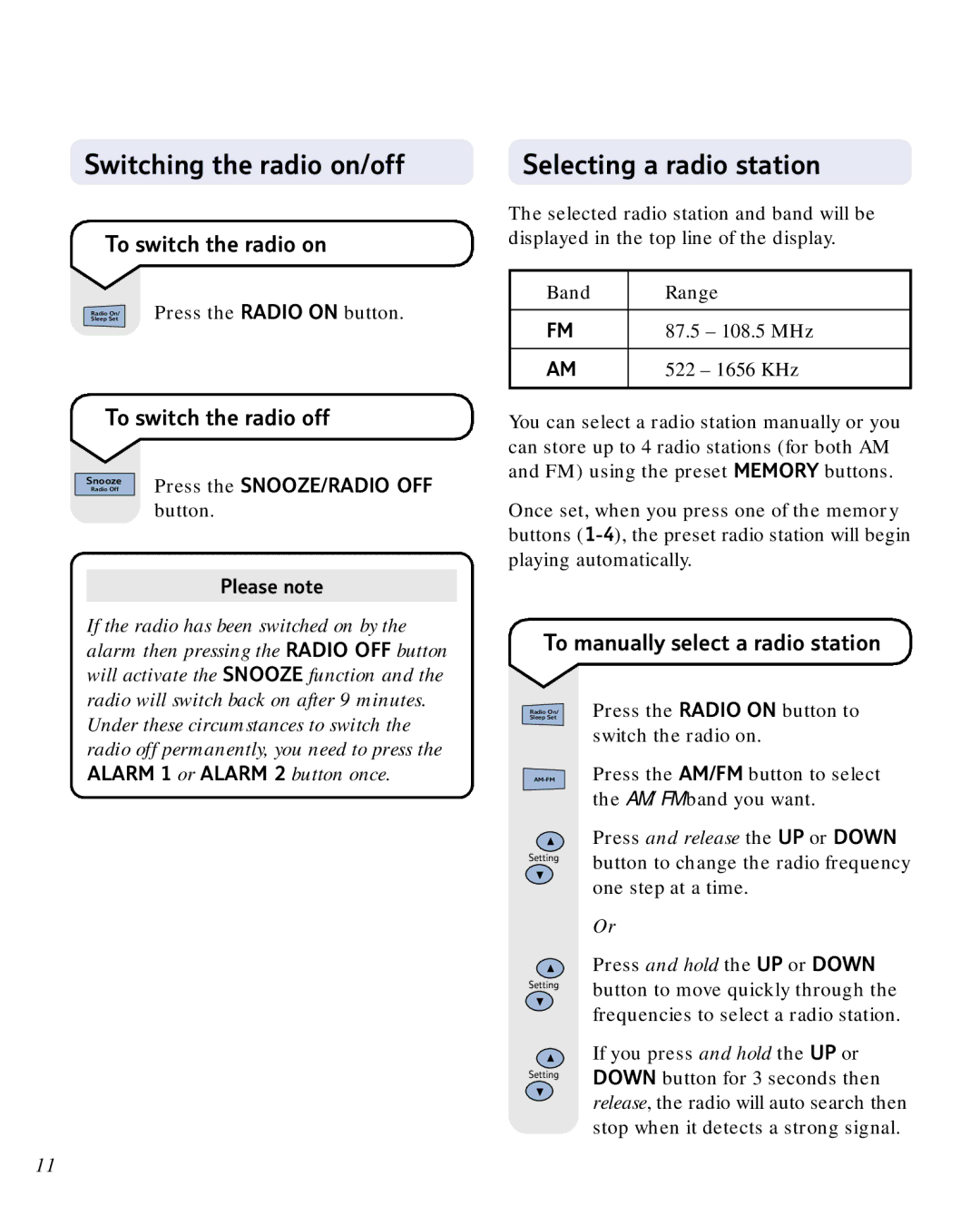 BT ALARM CLOCK RADIO manual Switching the radio on/off, Selecting a radio station, To switch the radio on 