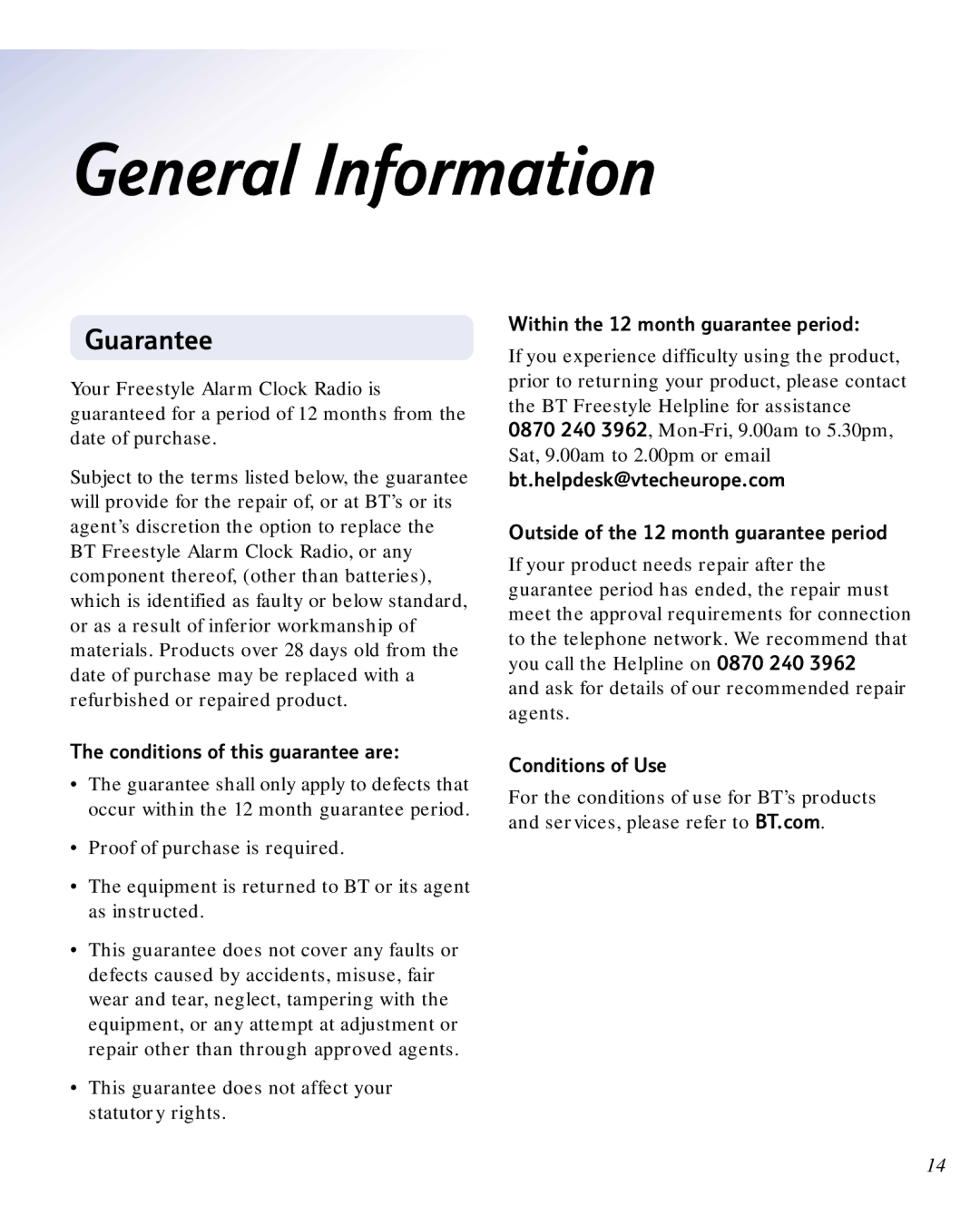 BT ALARM CLOCK RADIO manual General Information, Guarantee, Conditions of this guarantee are, Conditions of Use 