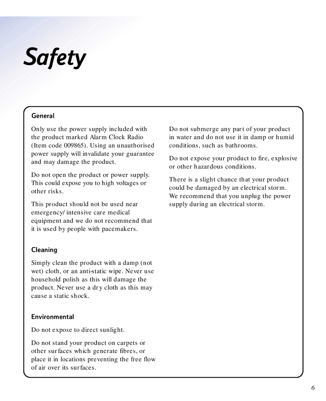 BT ALARM CLOCK RADIO manual Safety, General, Cleaning, Environmental 